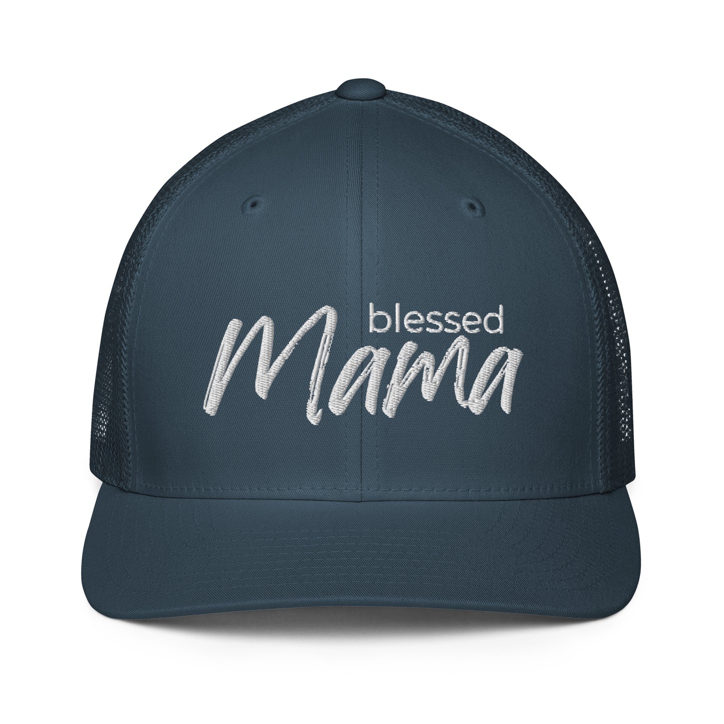 Blessed Mama trucker cap with breathable mesh back and curved visor — faith-inspired Christian mom hat by Morning Flora Devotionals.
