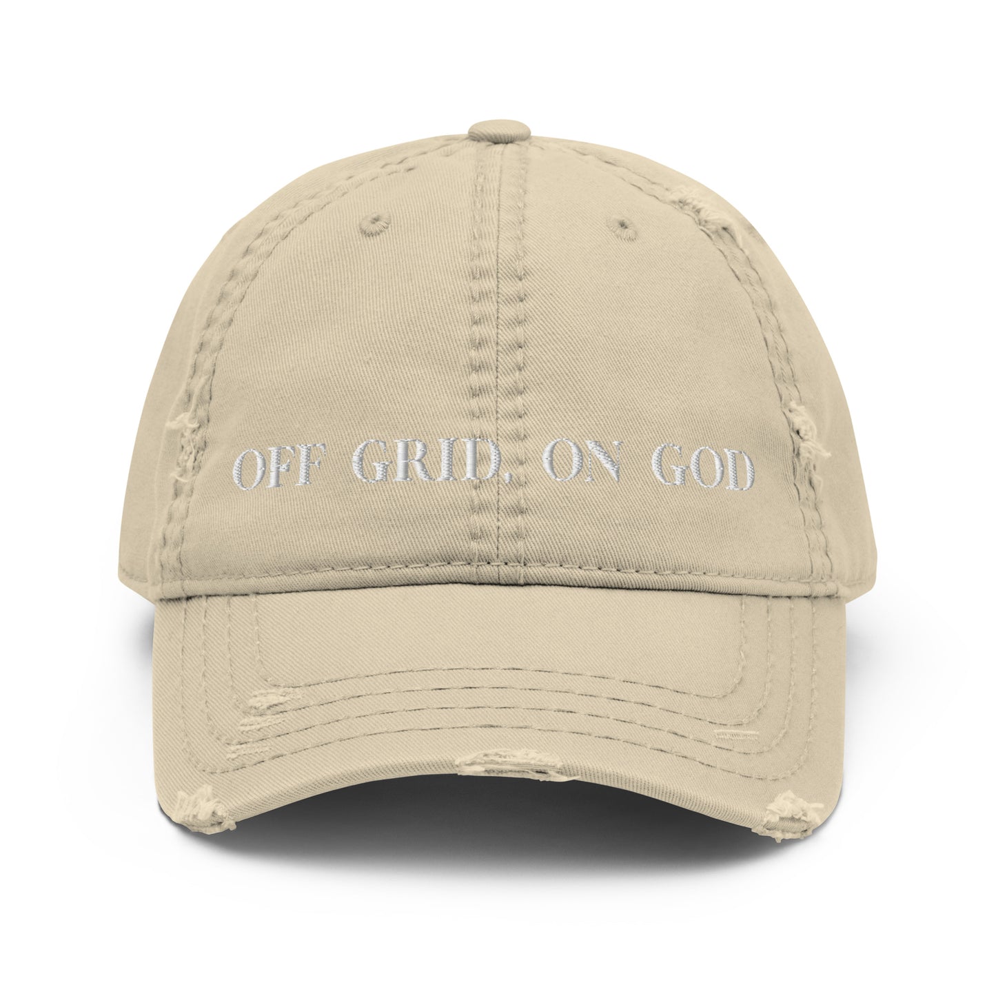 “Off Grid, On God distressed dad hat — Christian homesteading apparel by Off Grid with Gina & Thi, perfect for faith-filled outdoor living”