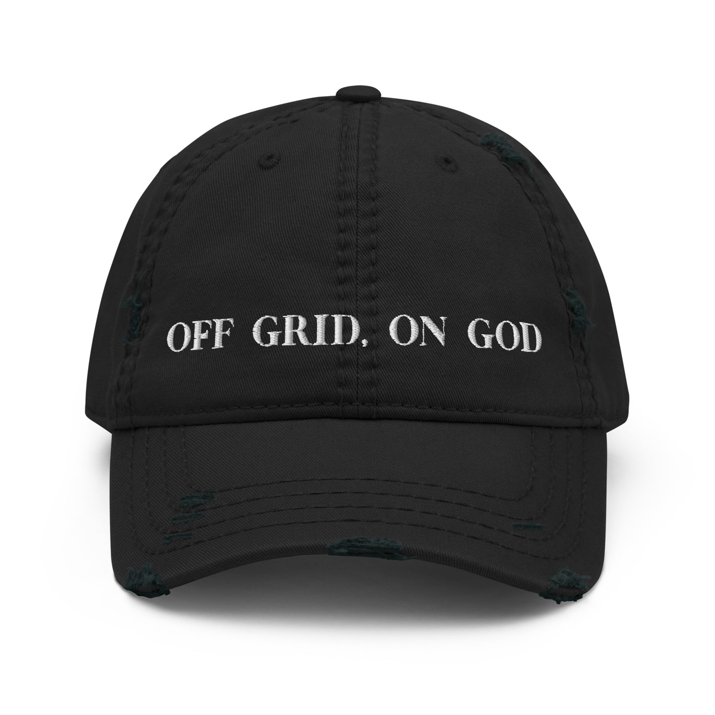 “Off Grid, On God distressed dad hat — Christian homesteading apparel by Off Grid with Gina & Thi, perfect for faith-filled outdoor living”