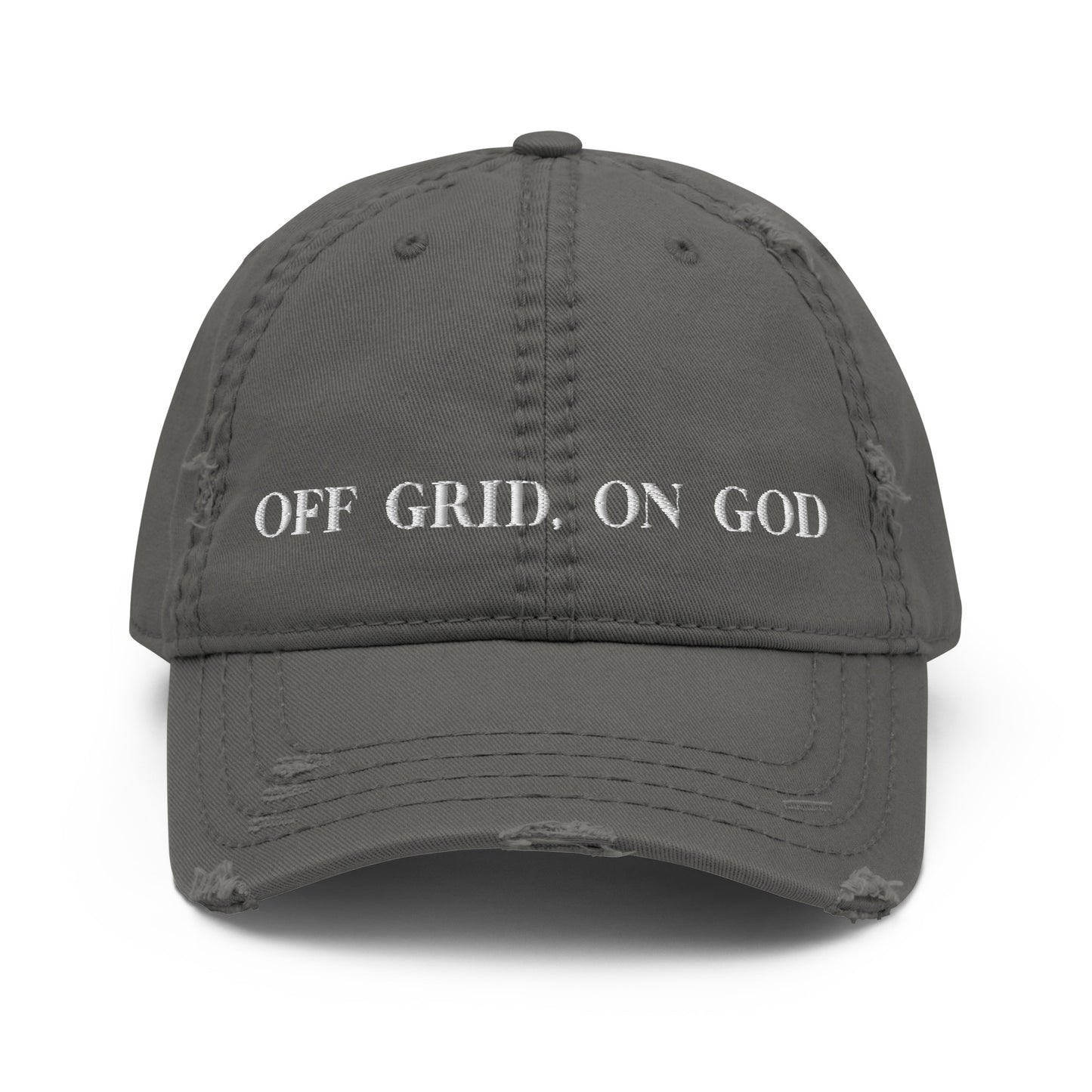 “Off Grid, On God distressed dad hat — Christian homesteading apparel by Off Grid with Gina & Thi, perfect for faith-filled outdoor living”