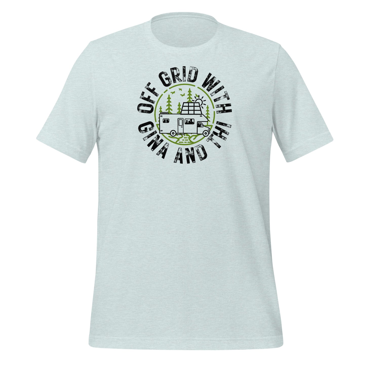 Off Grid with Gina and Thi logo light blue t-shirt — soft lightweight cotton shirt for homesteaders and intentional living
