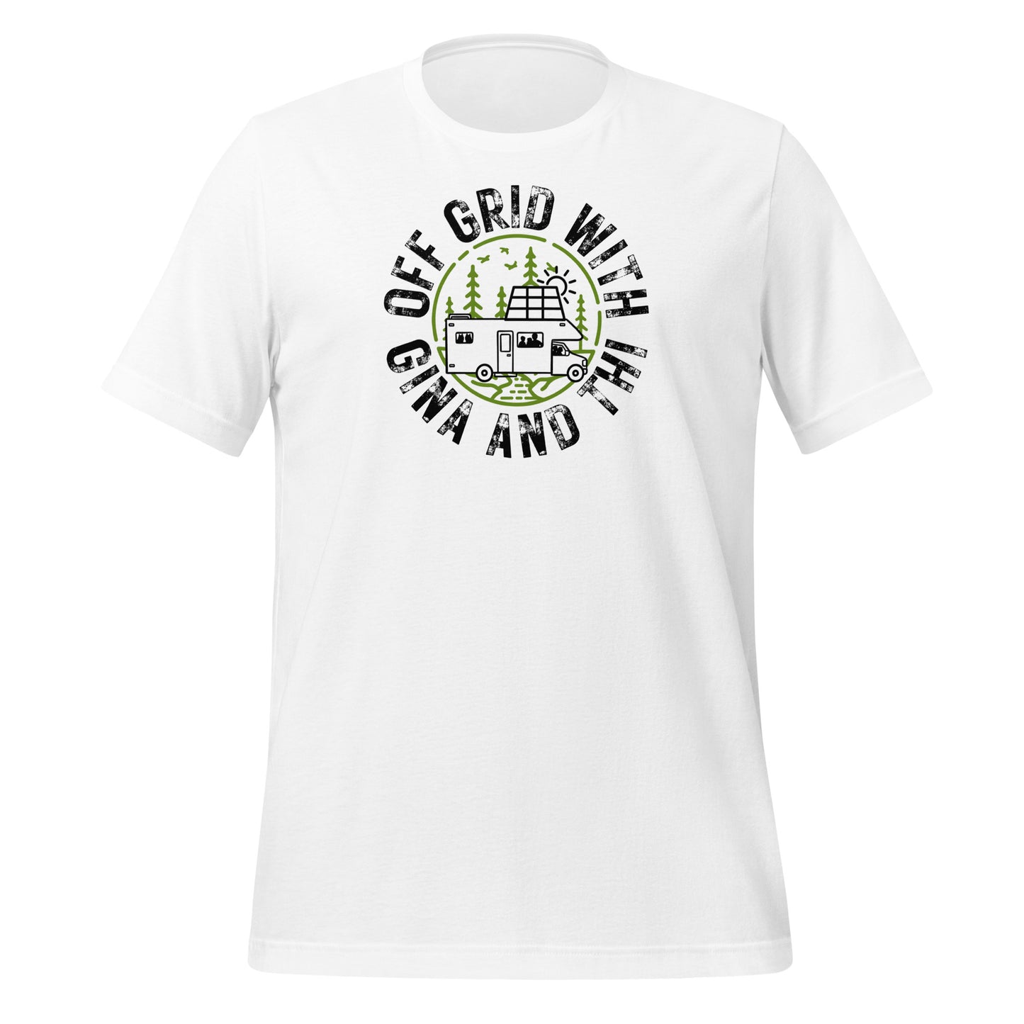 Off Grid with Gina and Thi logo t-shirt white— soft lightweight cotton shirt for homesteaders and intentional living