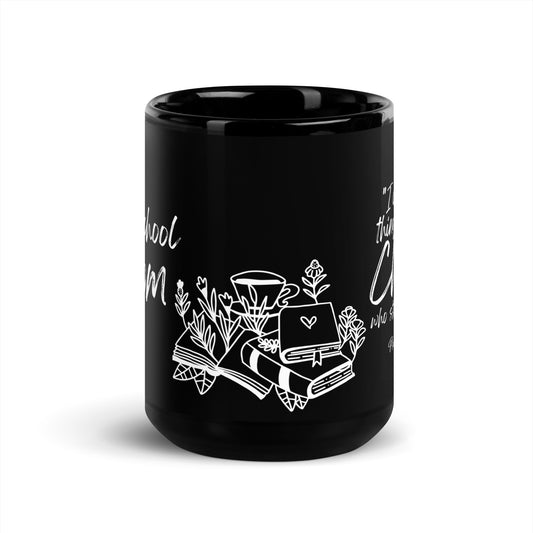 Philippians 4:13 homeschool mom mug with floral and book detail — Christian faith-inspired coffee cup.