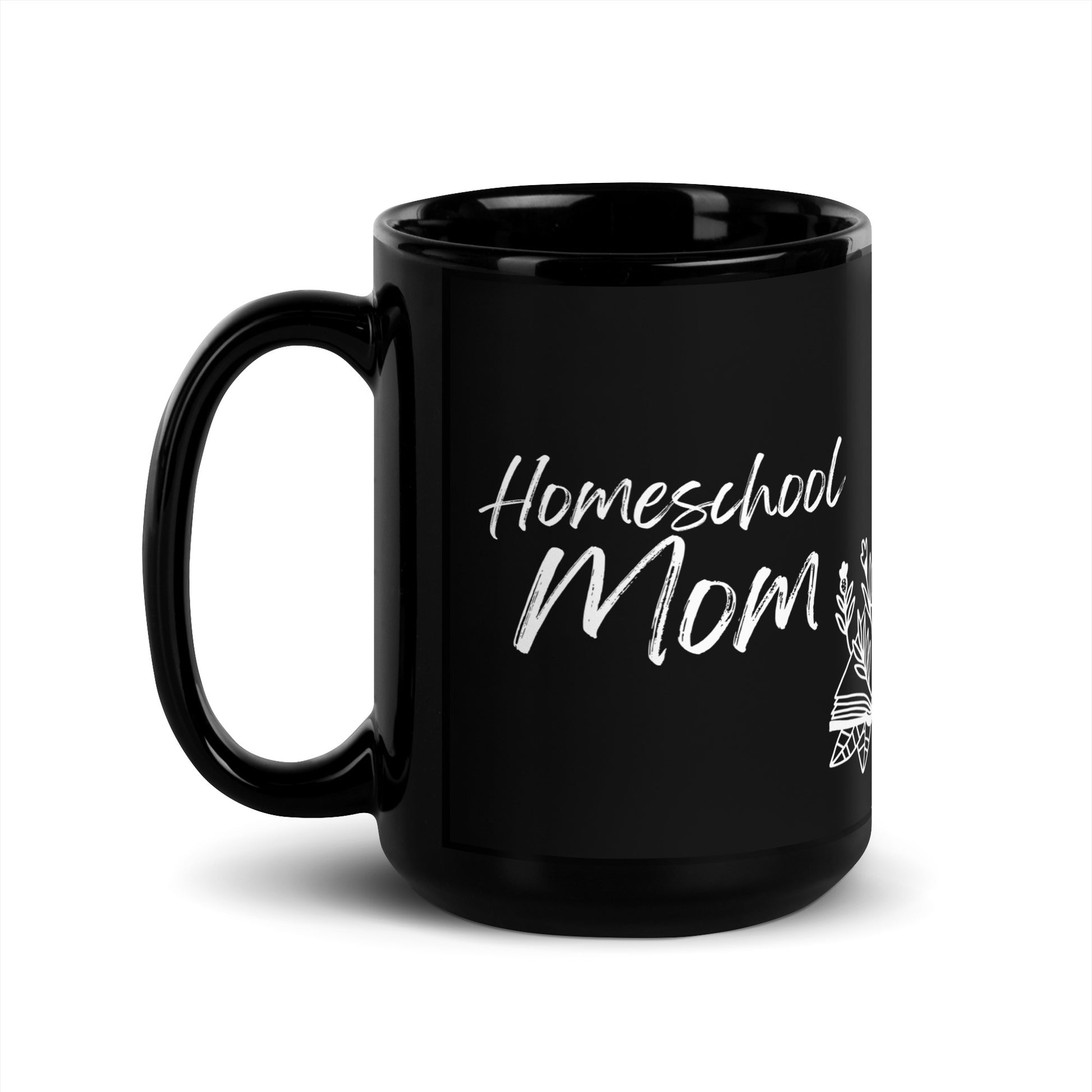 Philippians 4:13 homeschool mom mug with floral and book detail — Christian faith-inspired coffee cup.