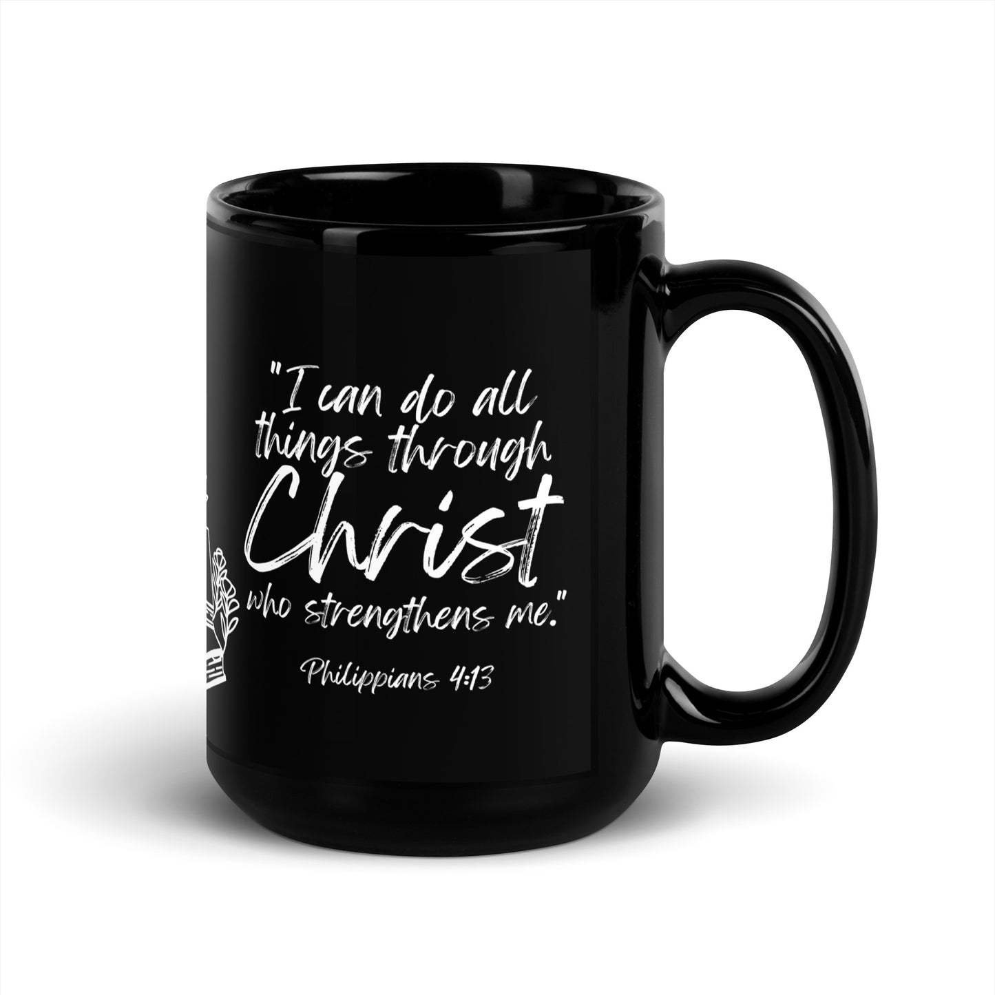 Philippians 4:13 homeschool mom mug with floral and book detail — Christian faith-inspired coffee cup.