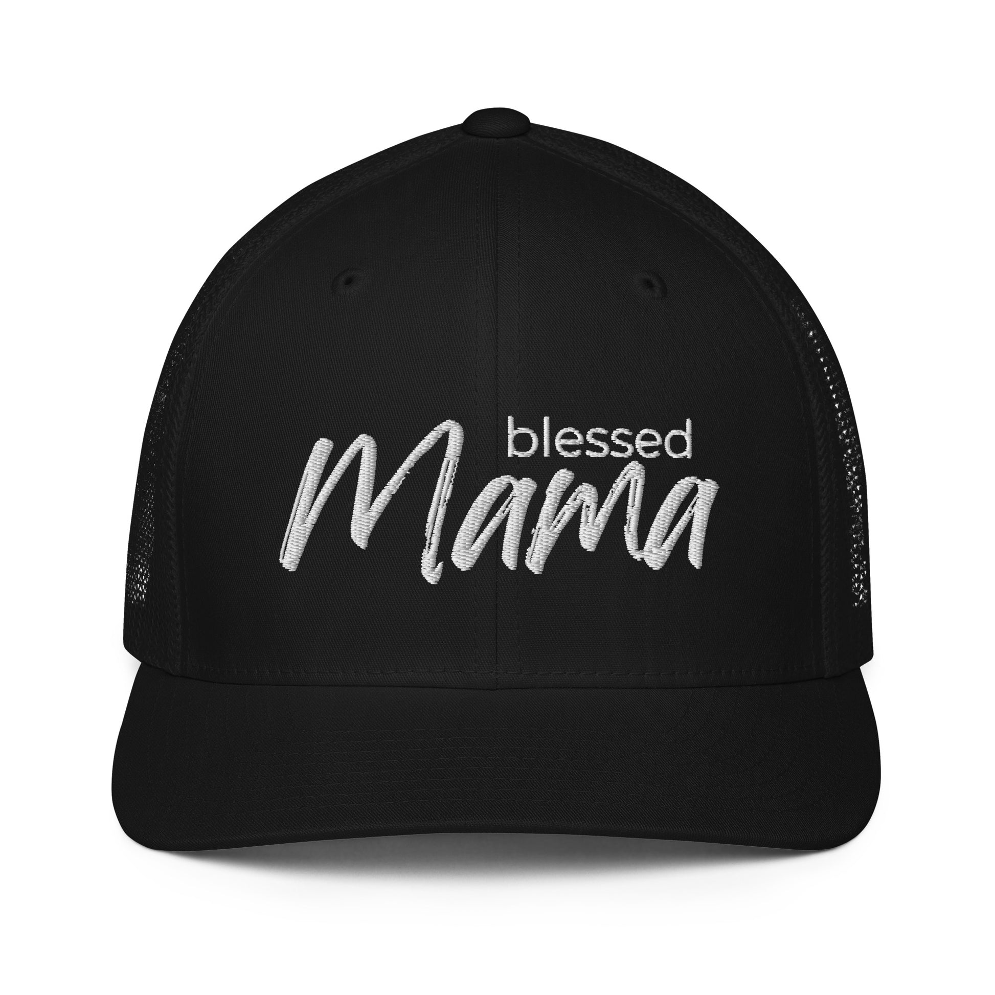 Blessed Mama trucker cap with breathable mesh back and curved visor — faith-inspired Christian mom hat by Morning Flora Devotionals.