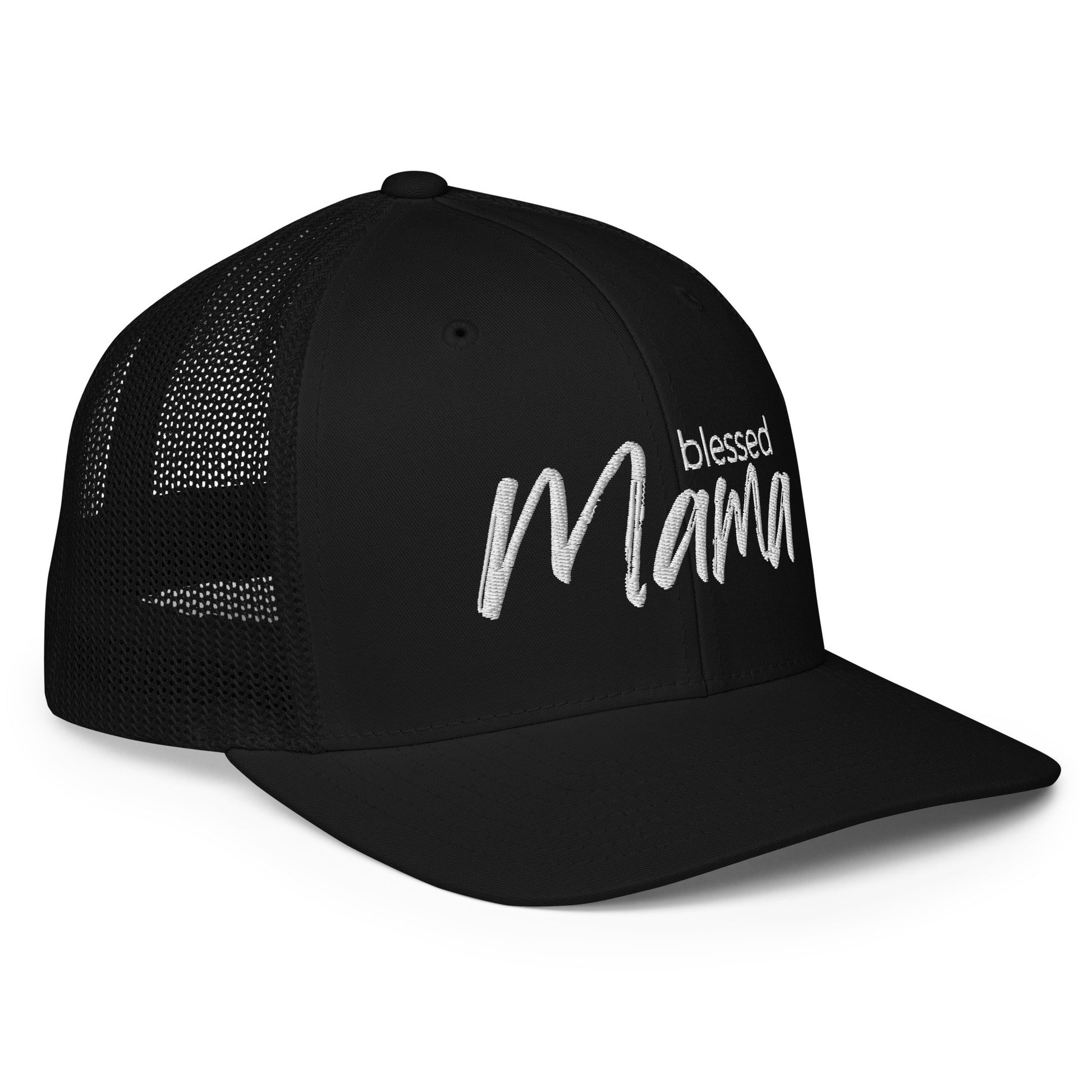 Blessed Mama trucker cap with breathable mesh back and curved visor — faith-inspired Christian mom hat by Morning Flora Devotionals.