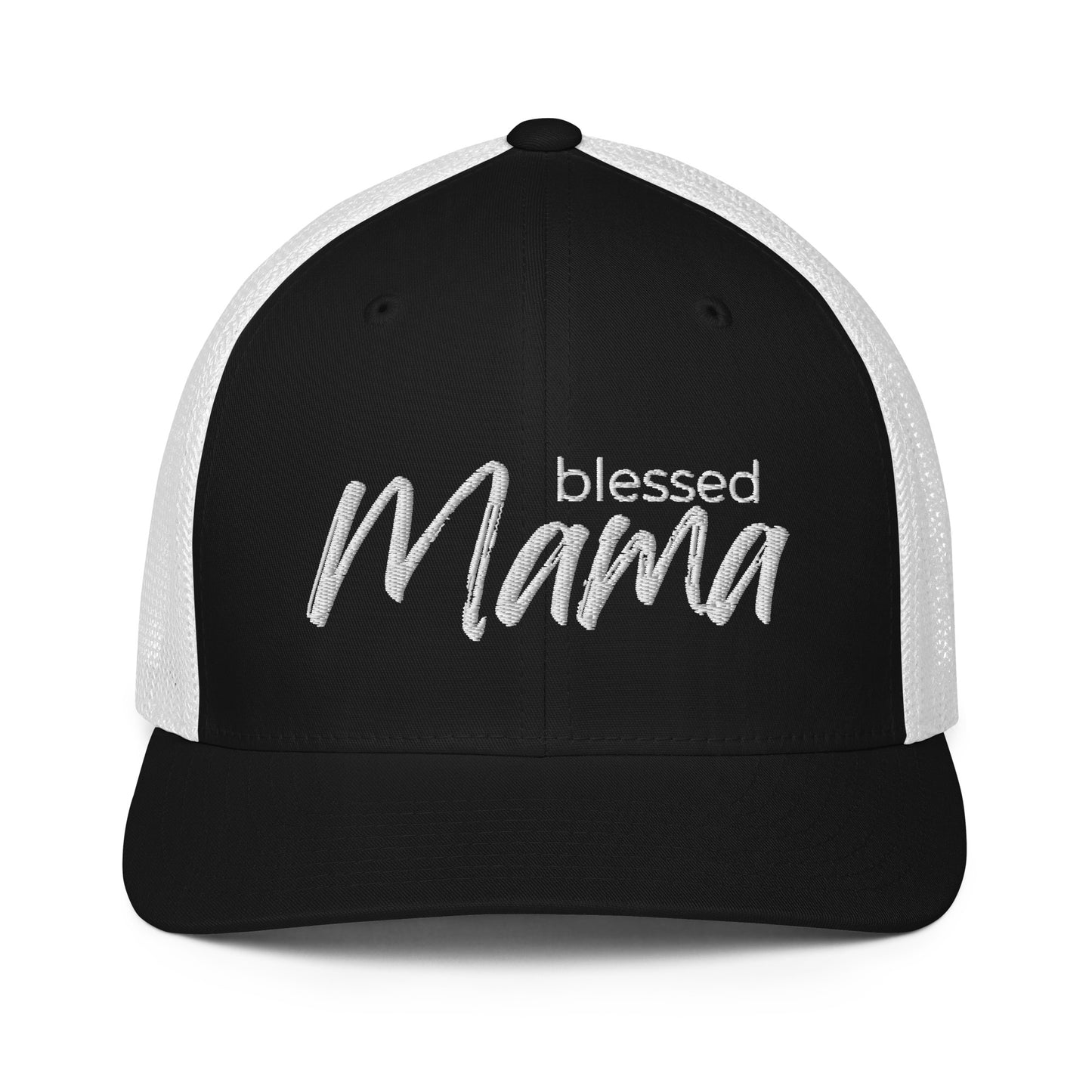 Blessed Mama trucker cap with breathable mesh back and curved visor — faith-inspired Christian mom hat by Morning Flora Devotionals.