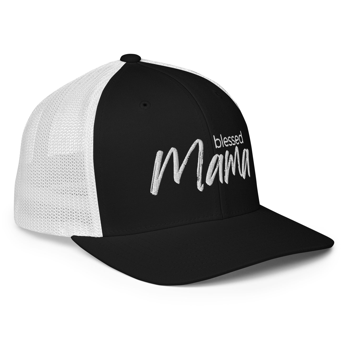 Blessed Mama trucker cap with breathable mesh back and curved visor — faith-inspired Christian mom hat by Morning Flora Devotionals.
