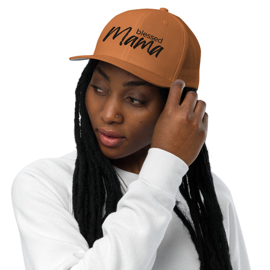 Blessed Mama trucker cap with breathable mesh back and curved visor — faith-inspired Christian mom hat by Morning Flora Devotionals.