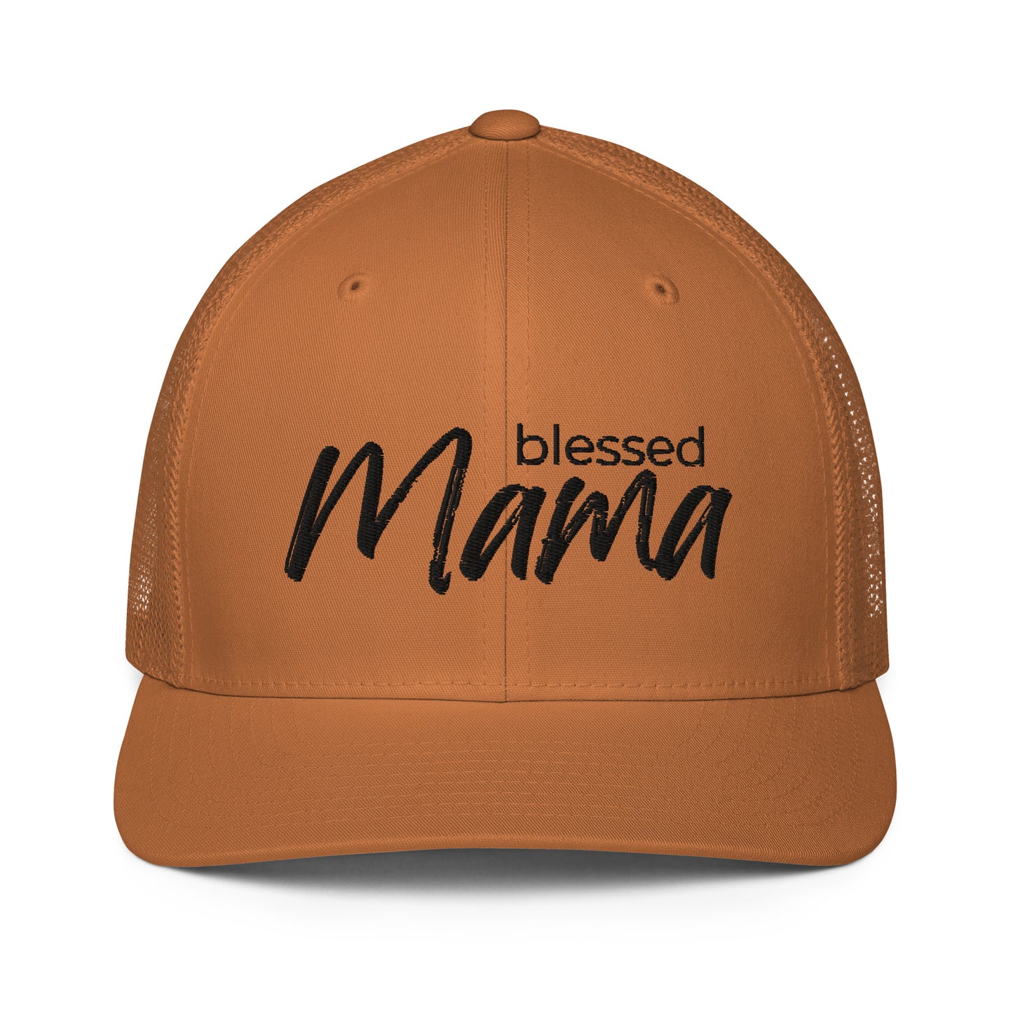 Blessed Mama trucker cap with breathable mesh back and curved visor — faith-inspired Christian mom hat by Morning Flora Devotionals.