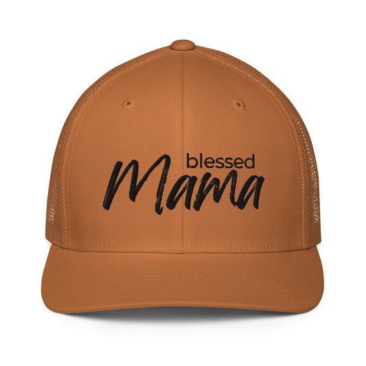 Blessed Mama trucker cap with breathable mesh back and curved visor — faith-inspired Christian mom hat by Morning Flora Devotionals.