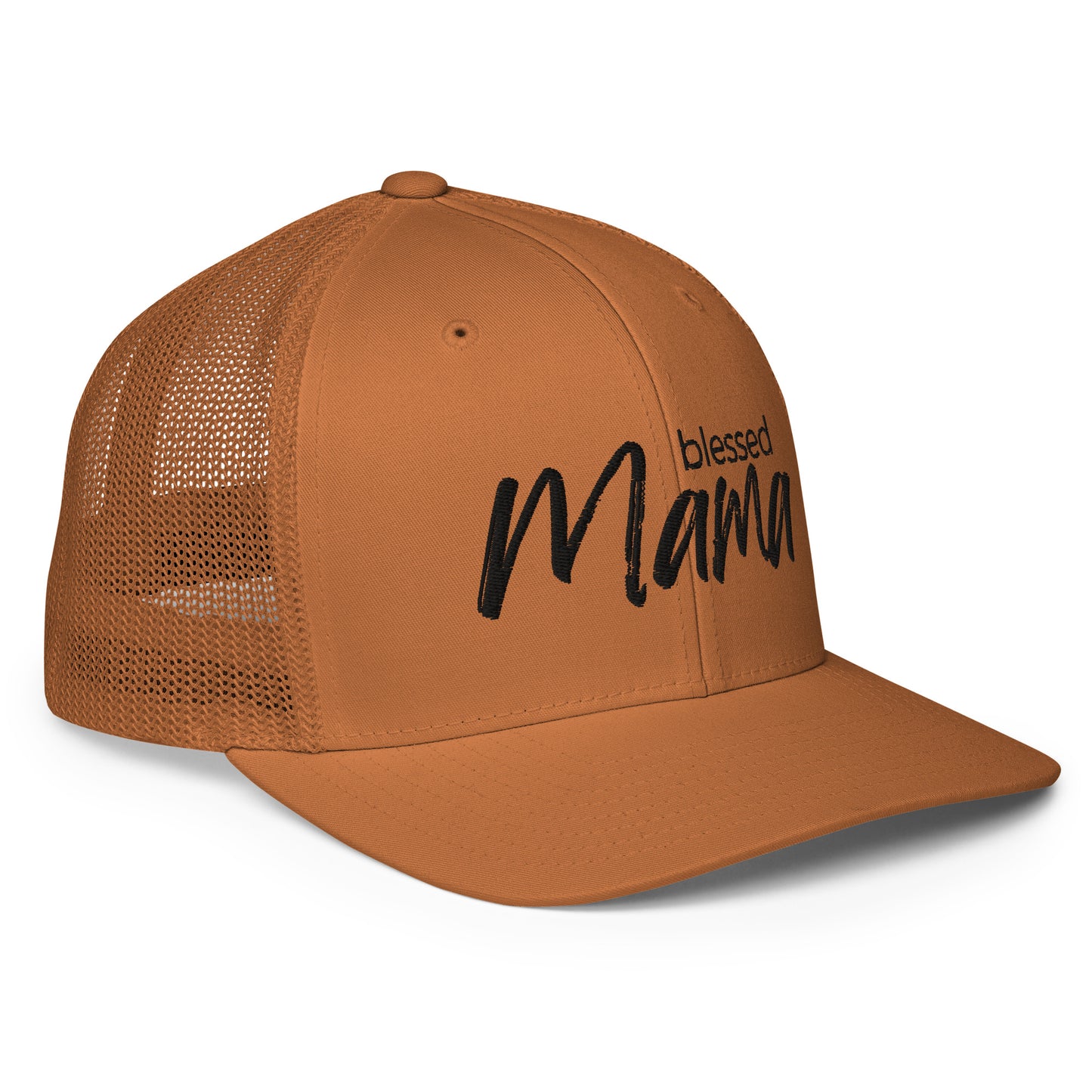 Blessed Mama trucker cap with breathable mesh back and curved visor — faith-inspired Christian mom hat by Morning Flora Devotionals.