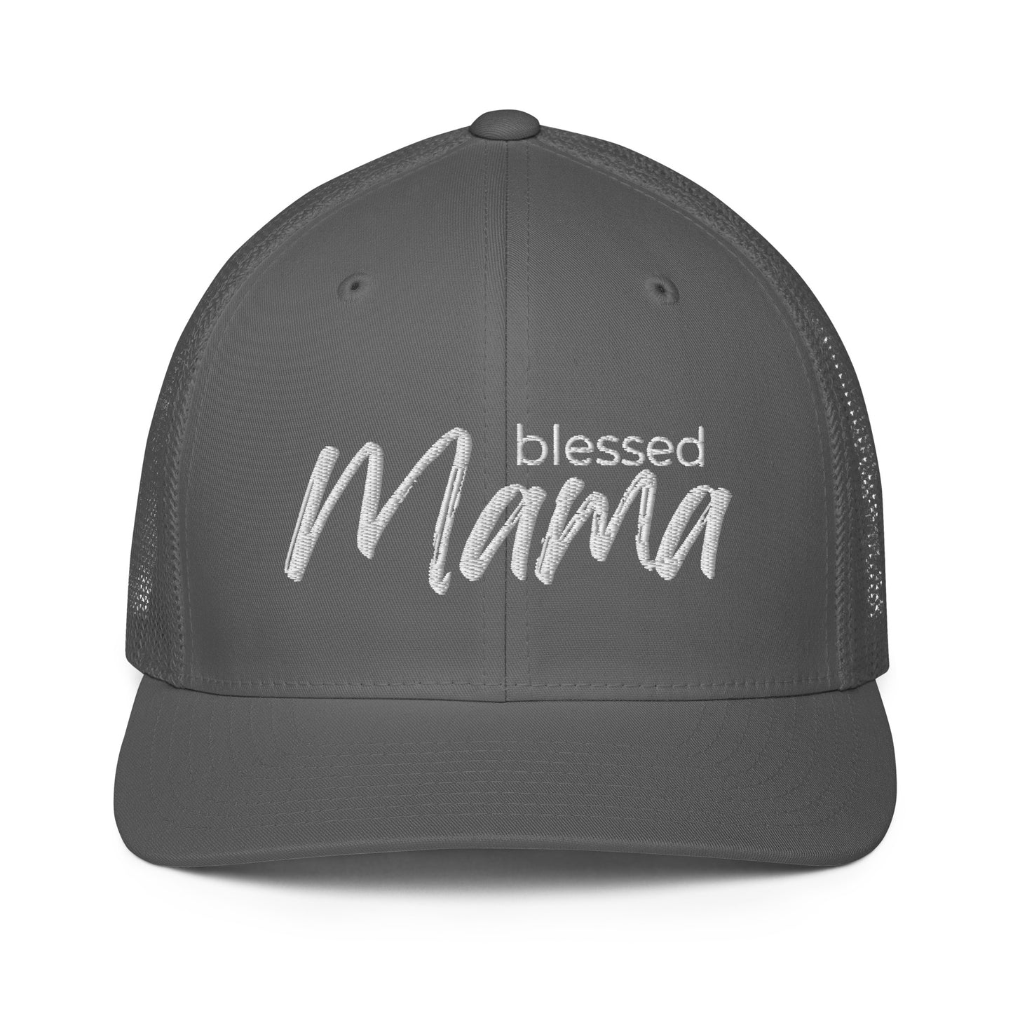 Blessed Mama trucker cap with breathable mesh back and curved visor — faith-inspired Christian mom hat by Morning Flora Devotionals.