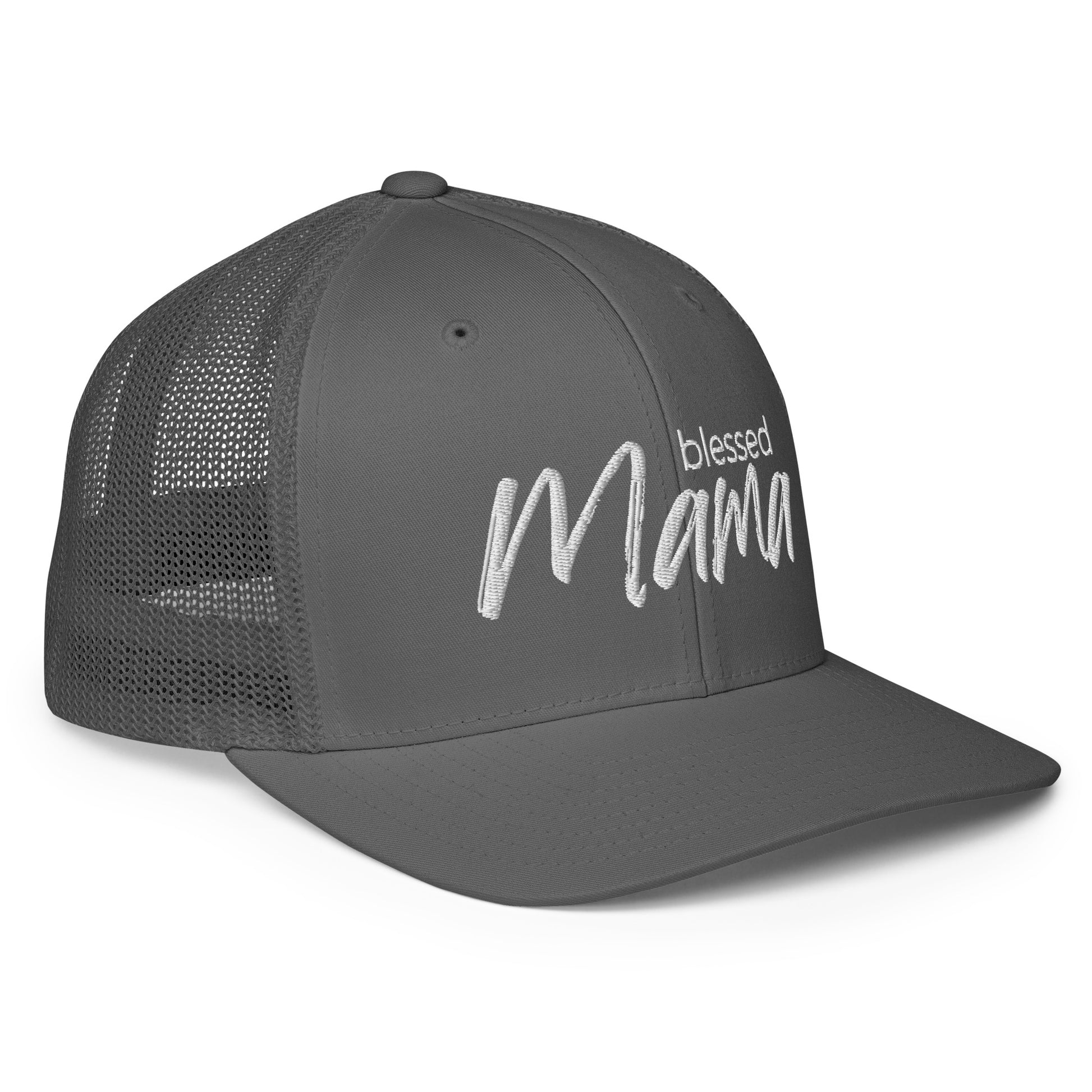 Blessed Mama trucker cap with breathable mesh back and curved visor — faith-inspired Christian mom hat by Morning Flora Devotionals.
