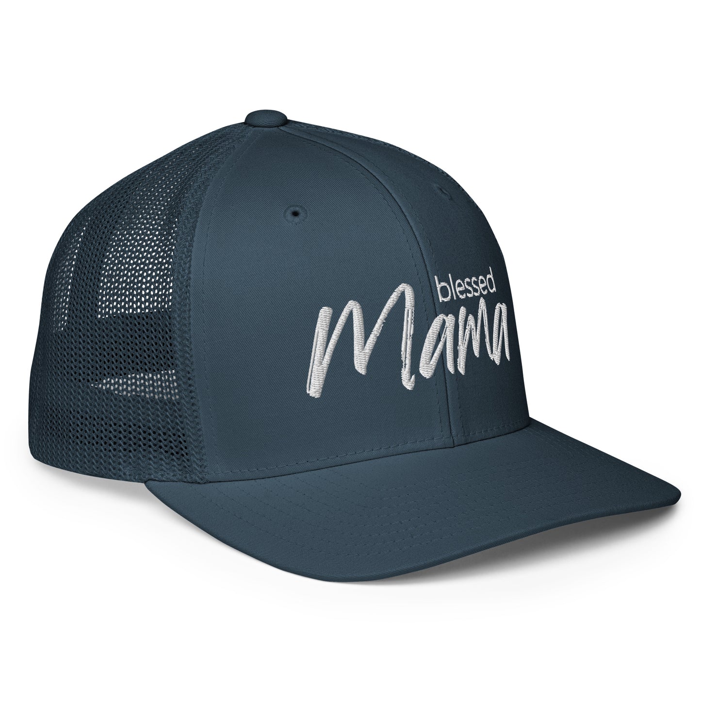 Blessed Mama trucker cap with breathable mesh back and curved visor — faith-inspired Christian mom hat by Morning Flora Devotionals.