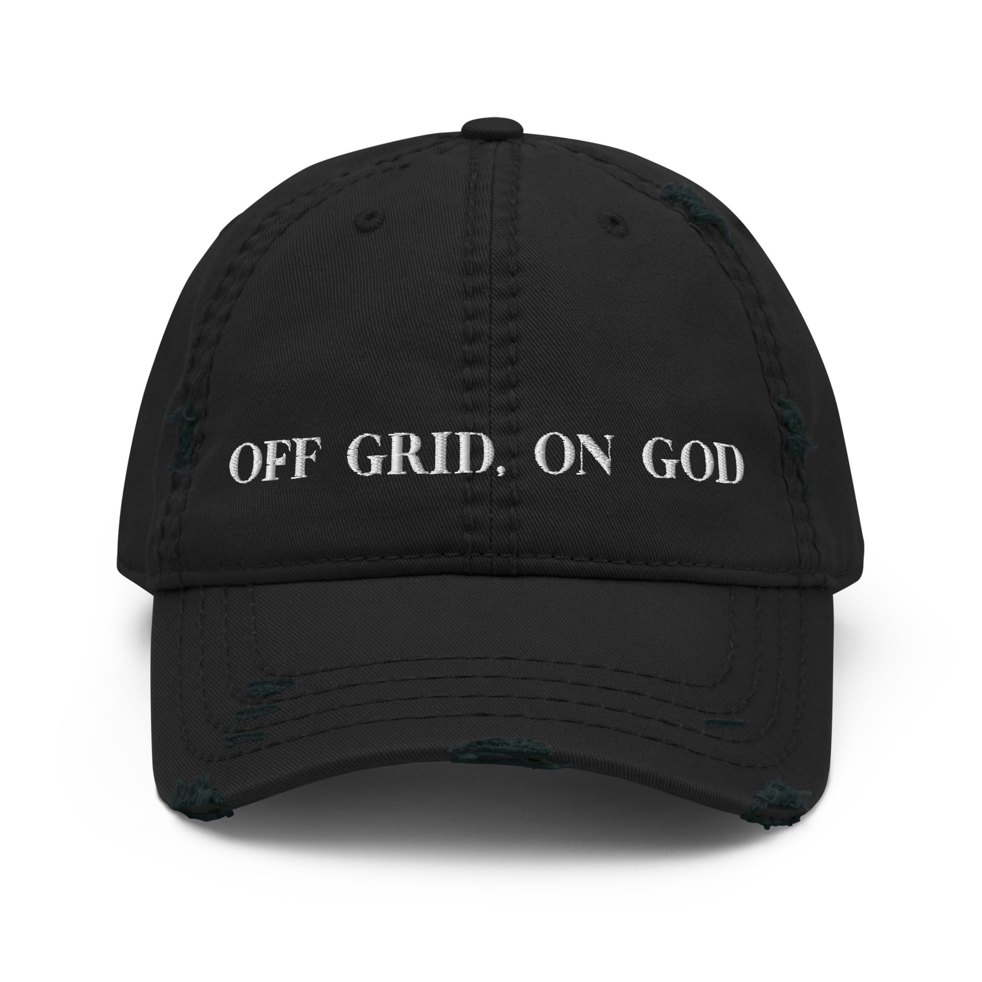 “Off Grid, On God distressed dad hat — Christian homesteading apparel by Off Grid with Gina & Thi, perfect for faith-filled outdoor living”