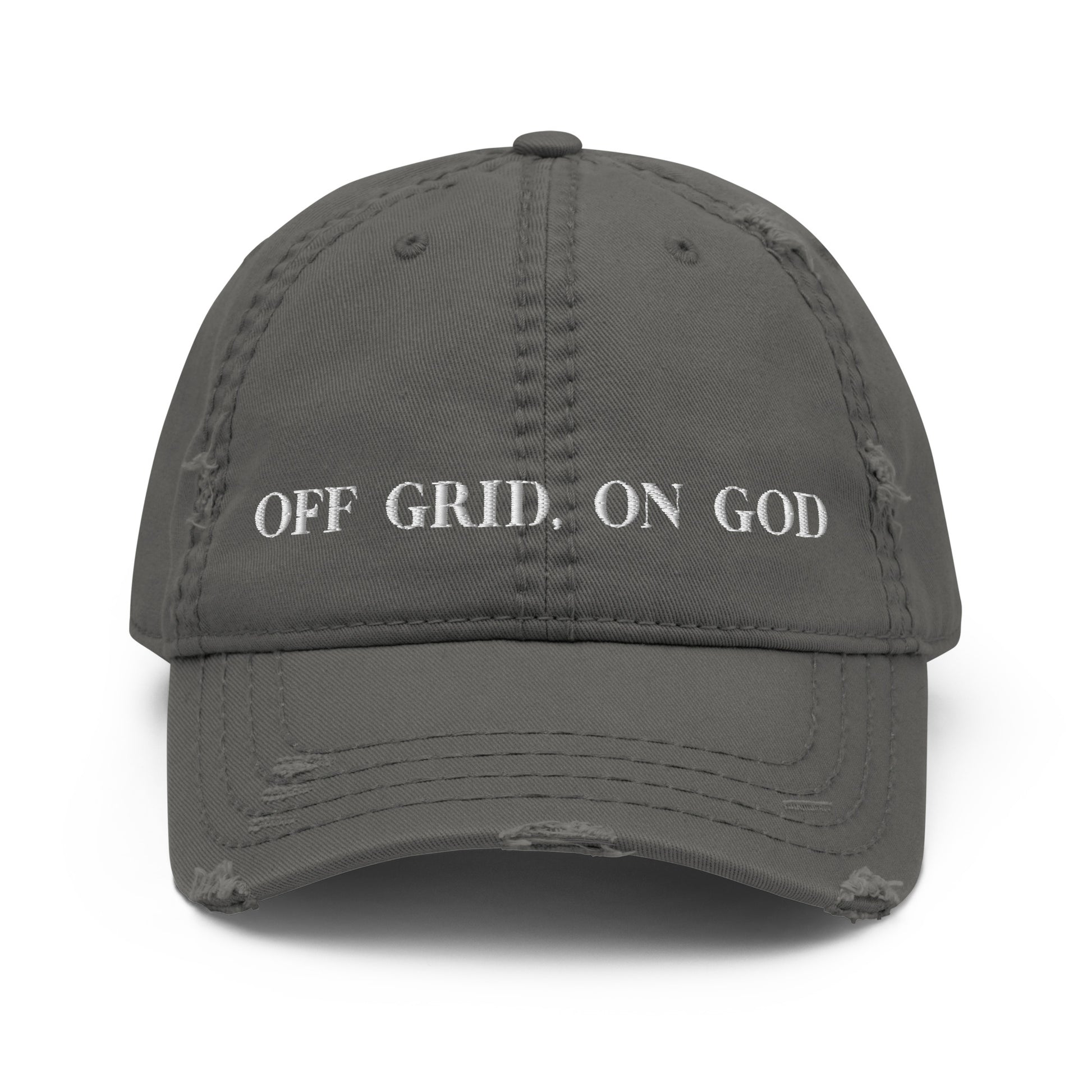 “Off Grid, On God distressed dad hat — Christian homesteading apparel by Off Grid with Gina & Thi, perfect for faith-filled outdoor living”