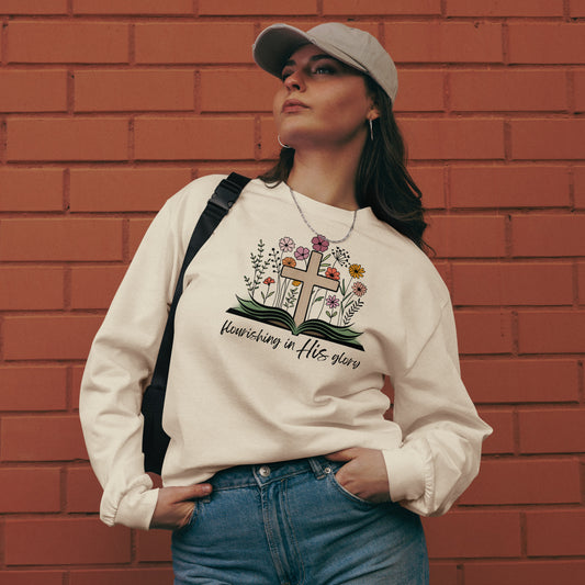 Flourishing in His Glory premium Christian long sleeve shirt — soft heavyweight cotton, relaxed fit, faith-inspired design.
