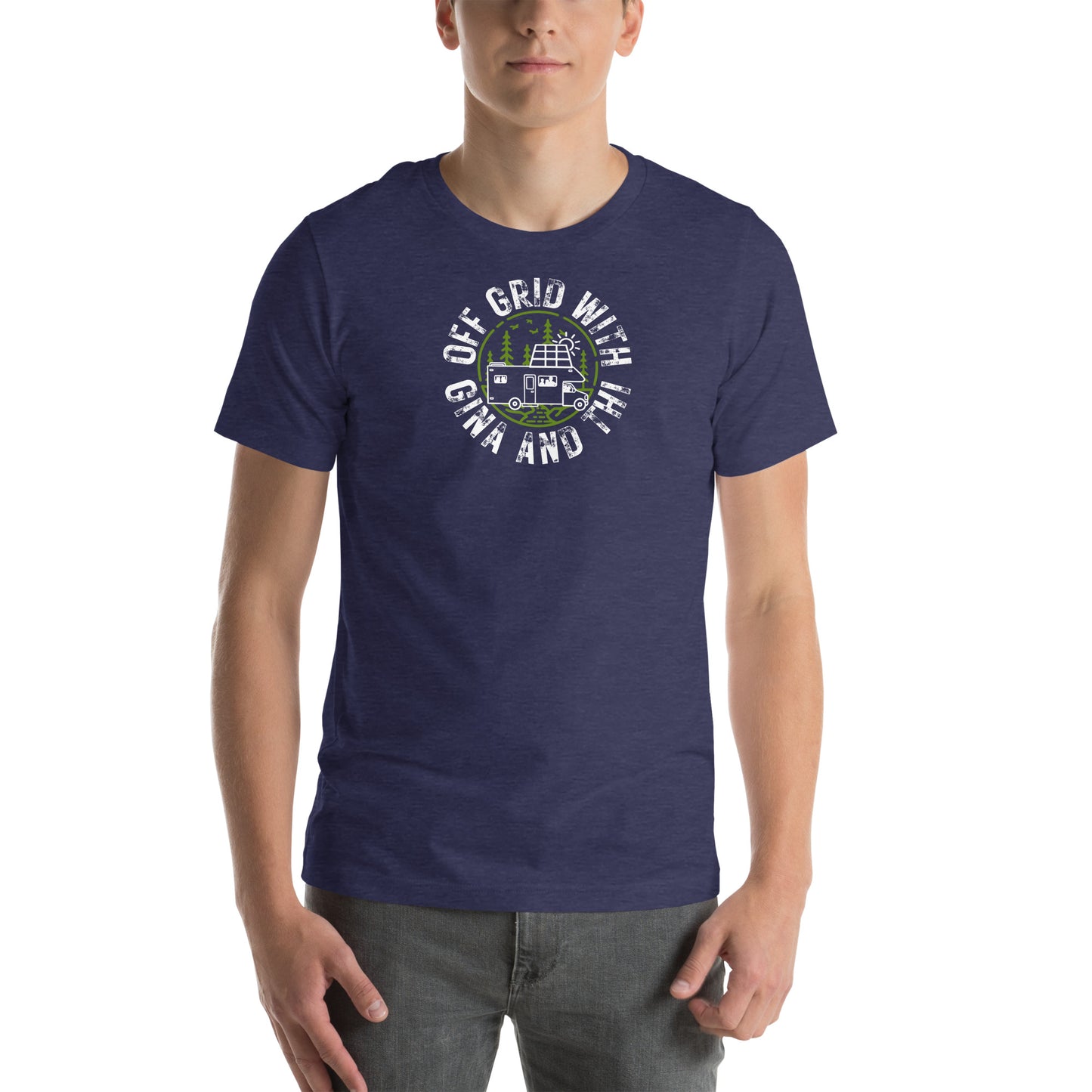 Off Grid with Gina and Thi logo Navy t-shirt — soft lightweight cotton shirt for homesteaders and intentional living