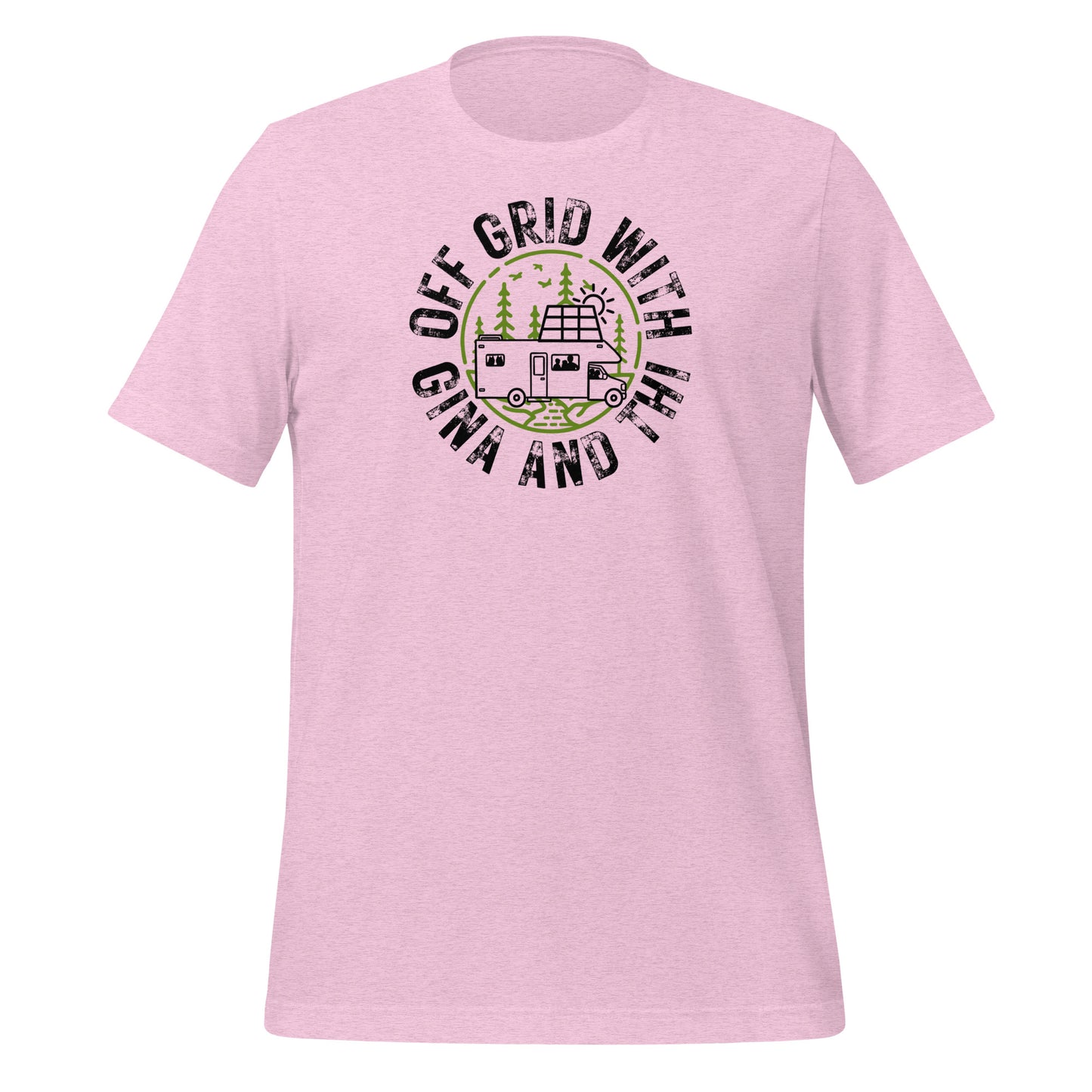 Off Grid with Gina and Thi logo Pink t-shirt — soft lightweight cotton shirt for homesteaders and intentional living