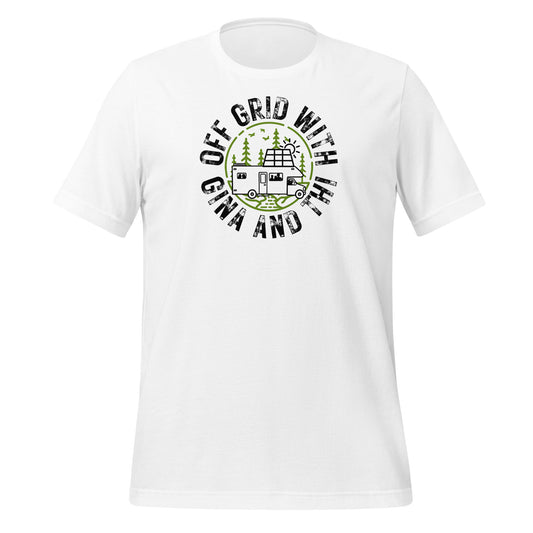 Off Grid with Gina and Thi logo t-shirt white— soft lightweight cotton shirt for homesteaders and intentional living