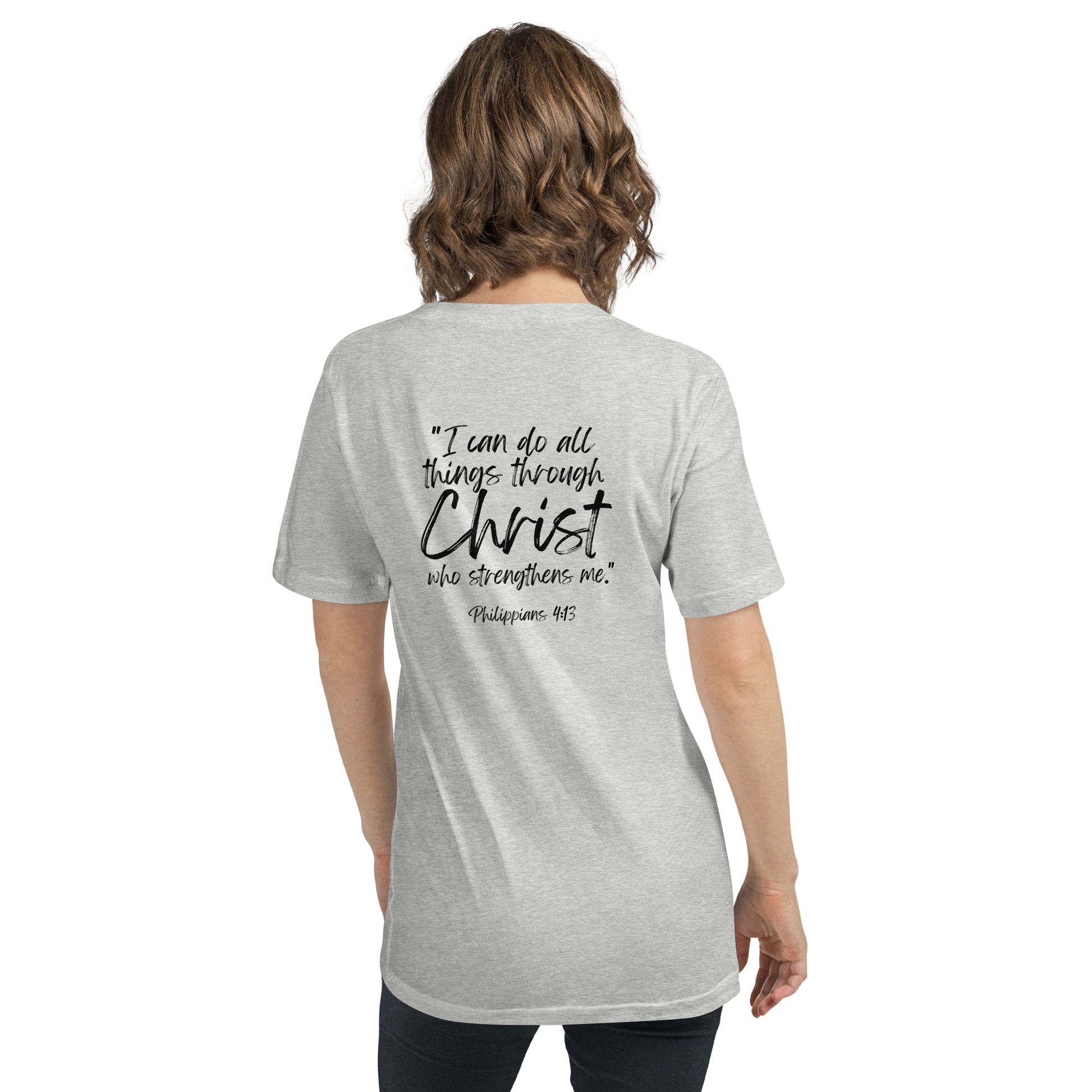 Soft Christian v-neck t-shirt for homeschool moms — Philippians 4:13 scripture design.