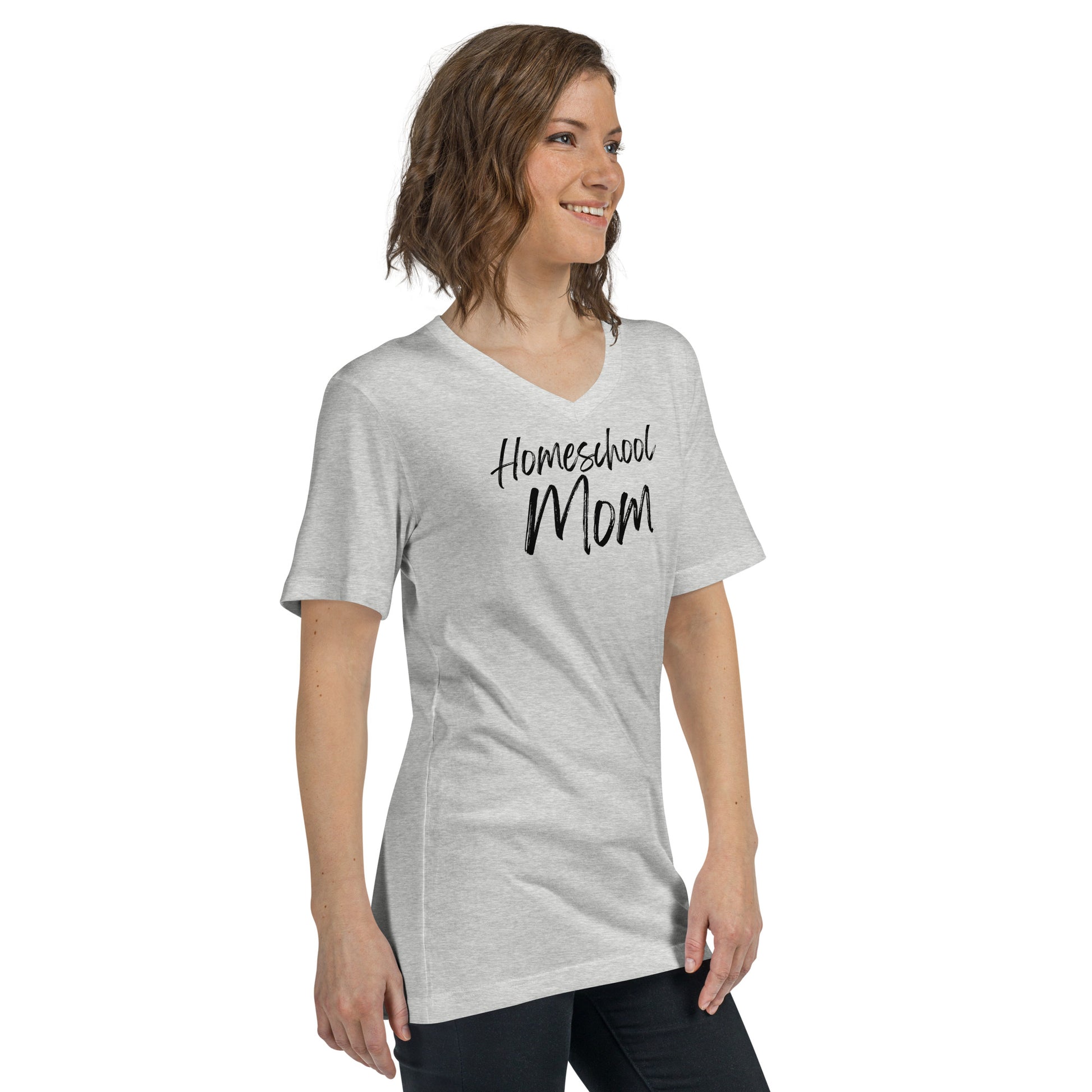 Soft Christian v-neck t-shirt for homeschool moms — Philippians 4:13 scripture design.