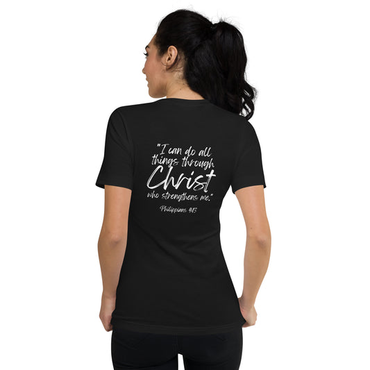 Philippians 4:13 homeschool mom v-neck tee — Christian scripture shirt in five colors.