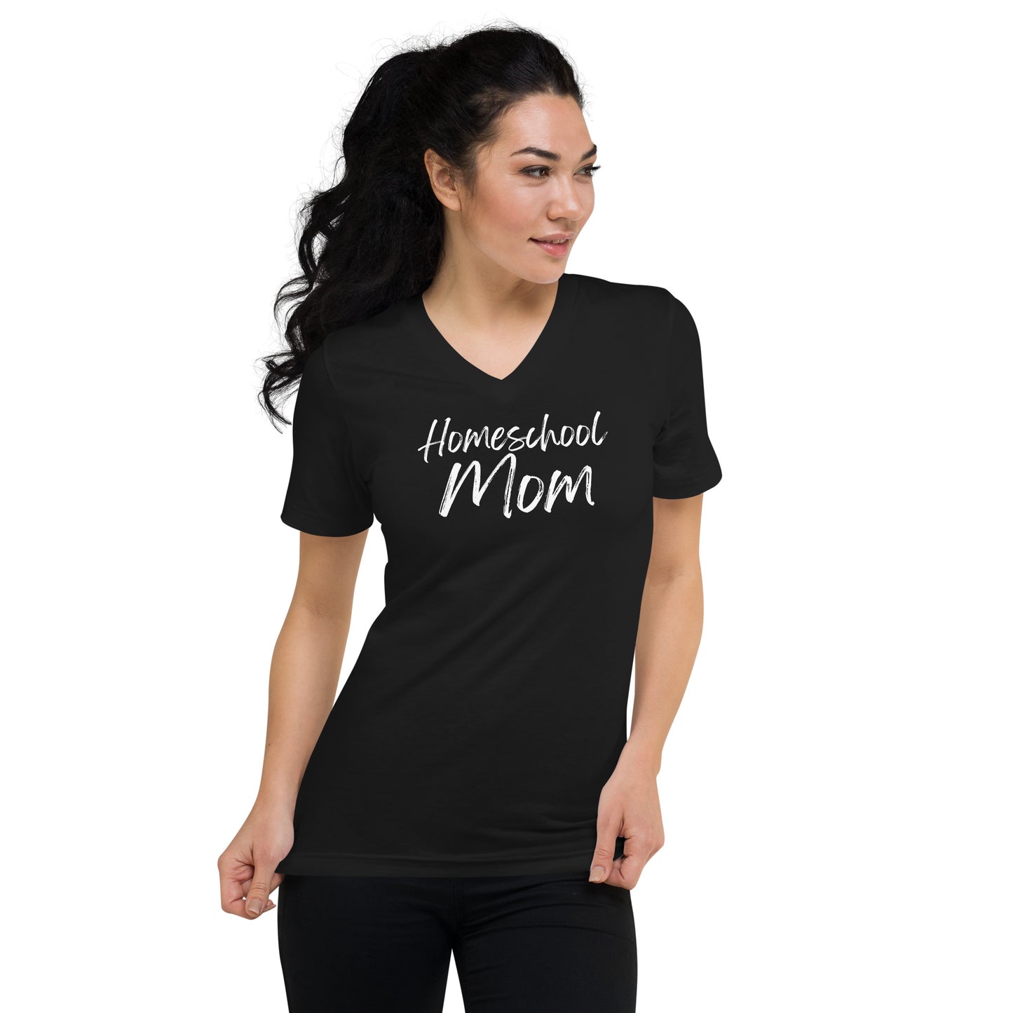 Philippians 4:13 homeschool mom v-neck tee — Christian scripture shirt in five colors.