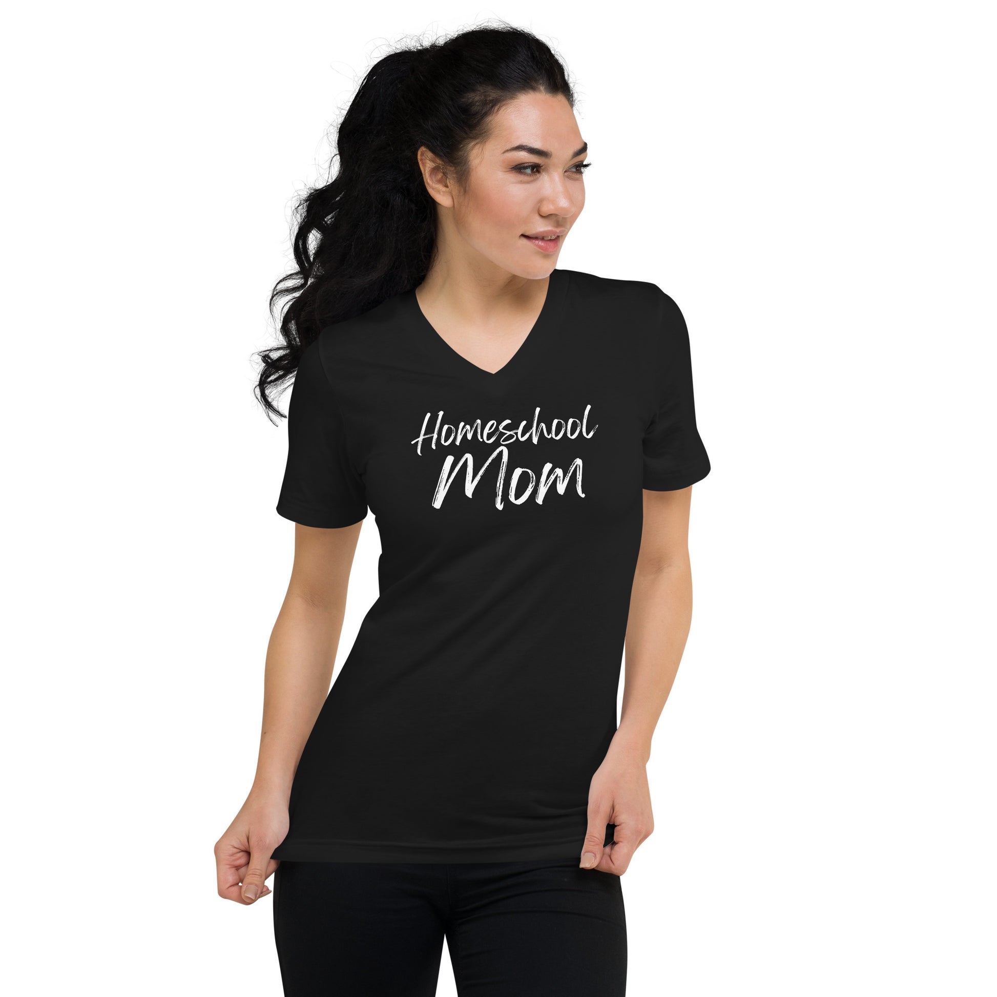 Philippians 4:13 homeschool mom v-neck tee — Christian scripture shirt in five colors.