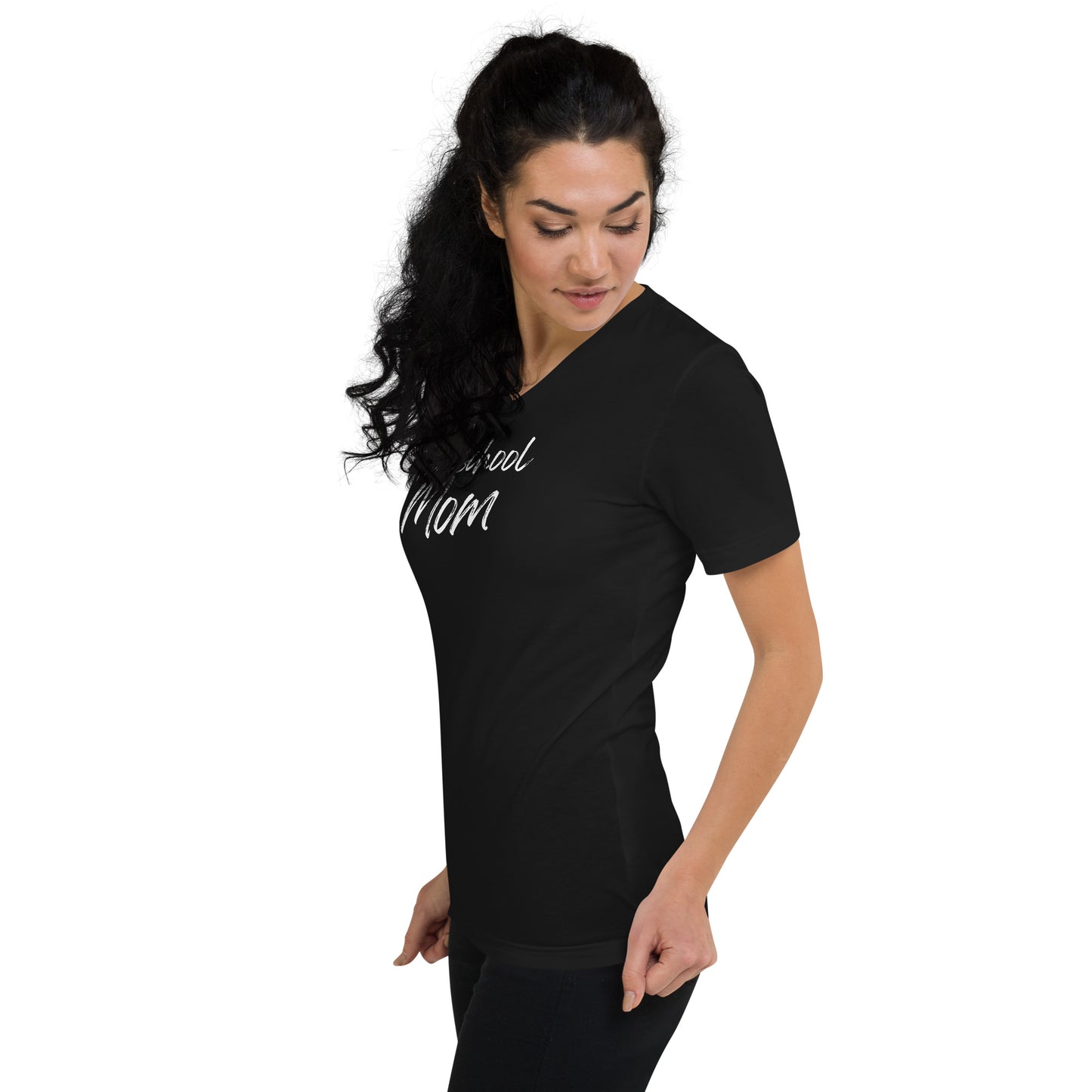 Soft Christian v-neck t-shirt for homeschool moms — Philippians 4:13 scripture design.