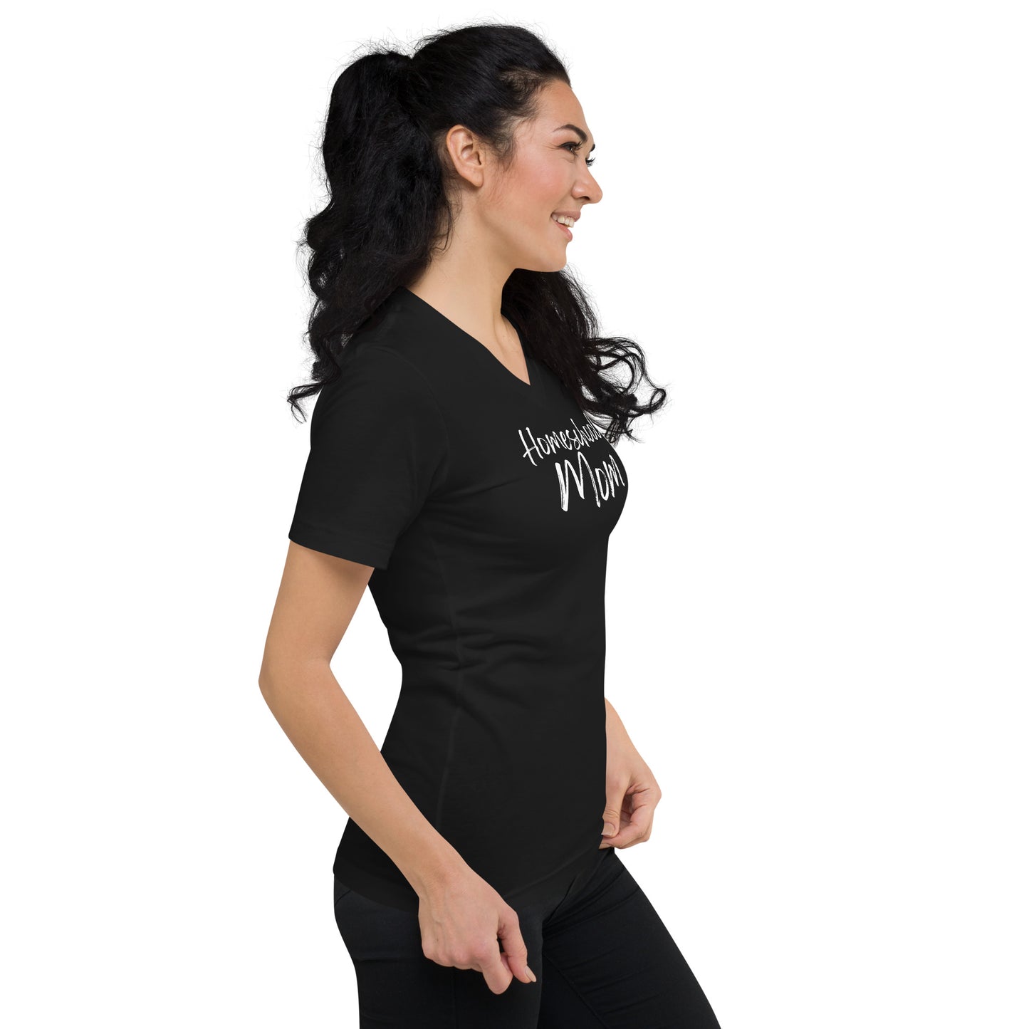 Soft Christian v-neck t-shirt for homeschool moms — Philippians 4:13 scripture design.