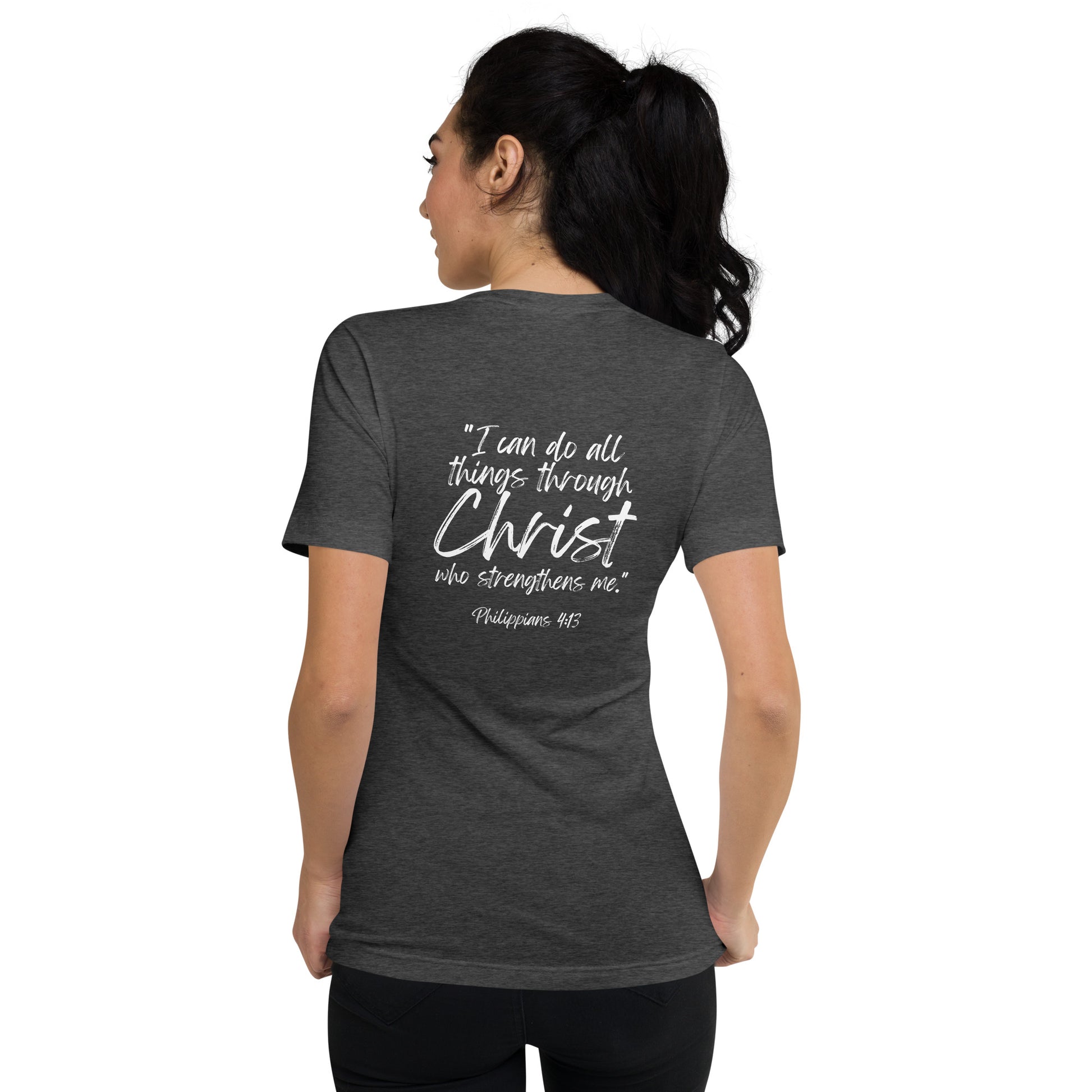 Soft Christian v-neck t-shirt for homeschool moms — Philippians 4:13 scripture design.