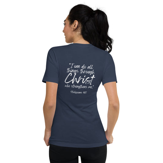 Philippians 4:13 homeschool mom v-neck tee — Christian scripture shirt in five colors.