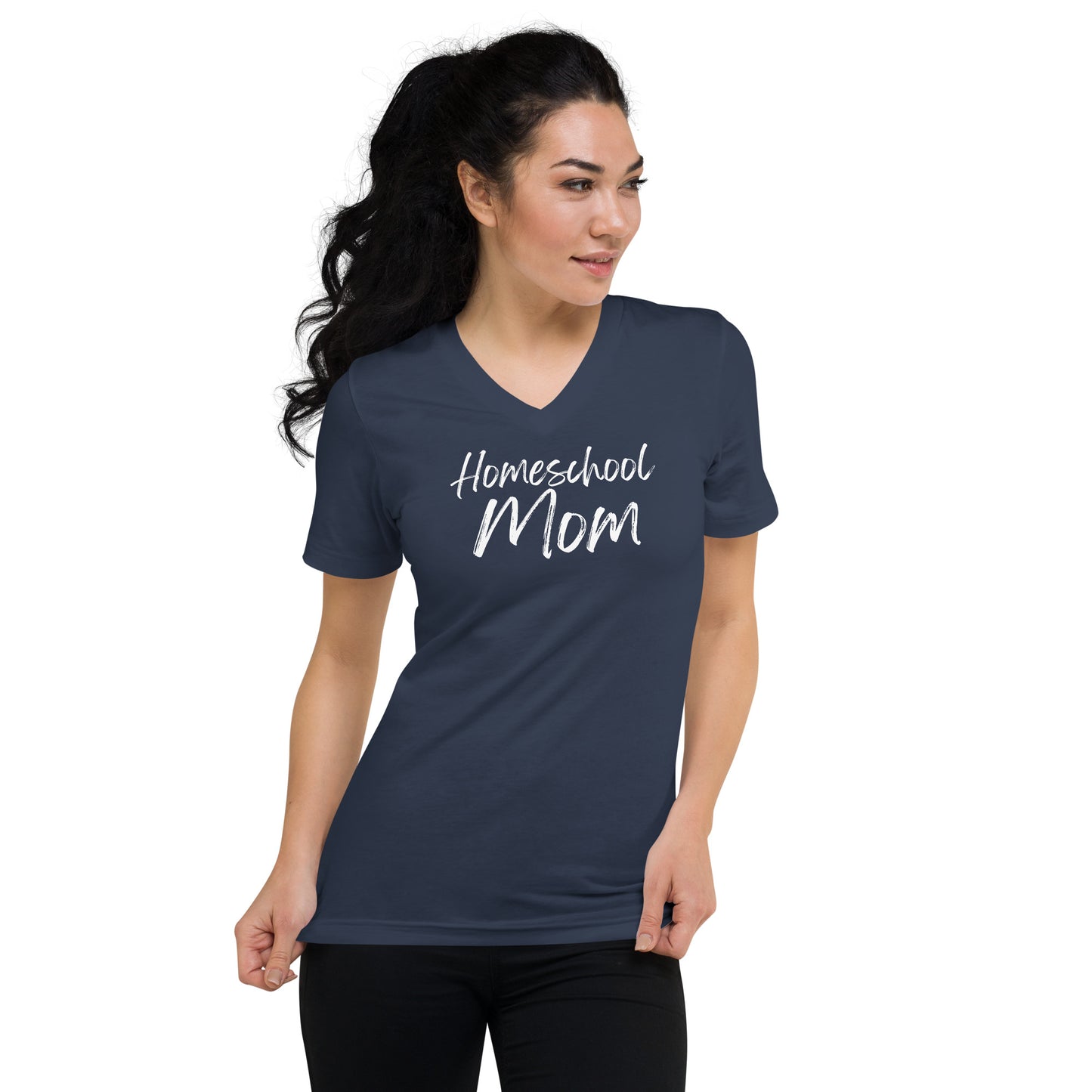 Soft Christian v-neck t-shirt for homeschool moms — Philippians 4:13 scripture design.