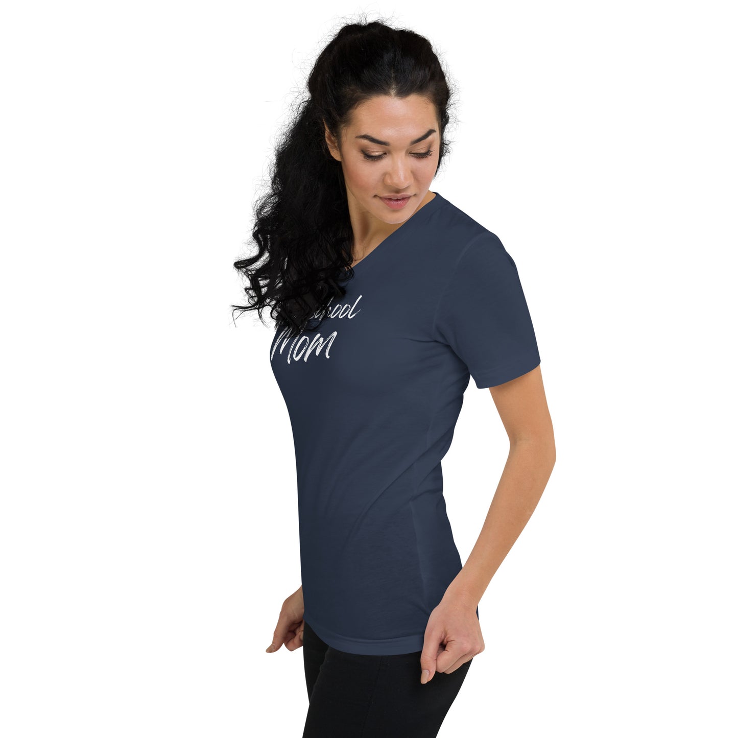 Soft Christian v-neck t-shirt for homeschool moms — Philippians 4:13 scripture design.