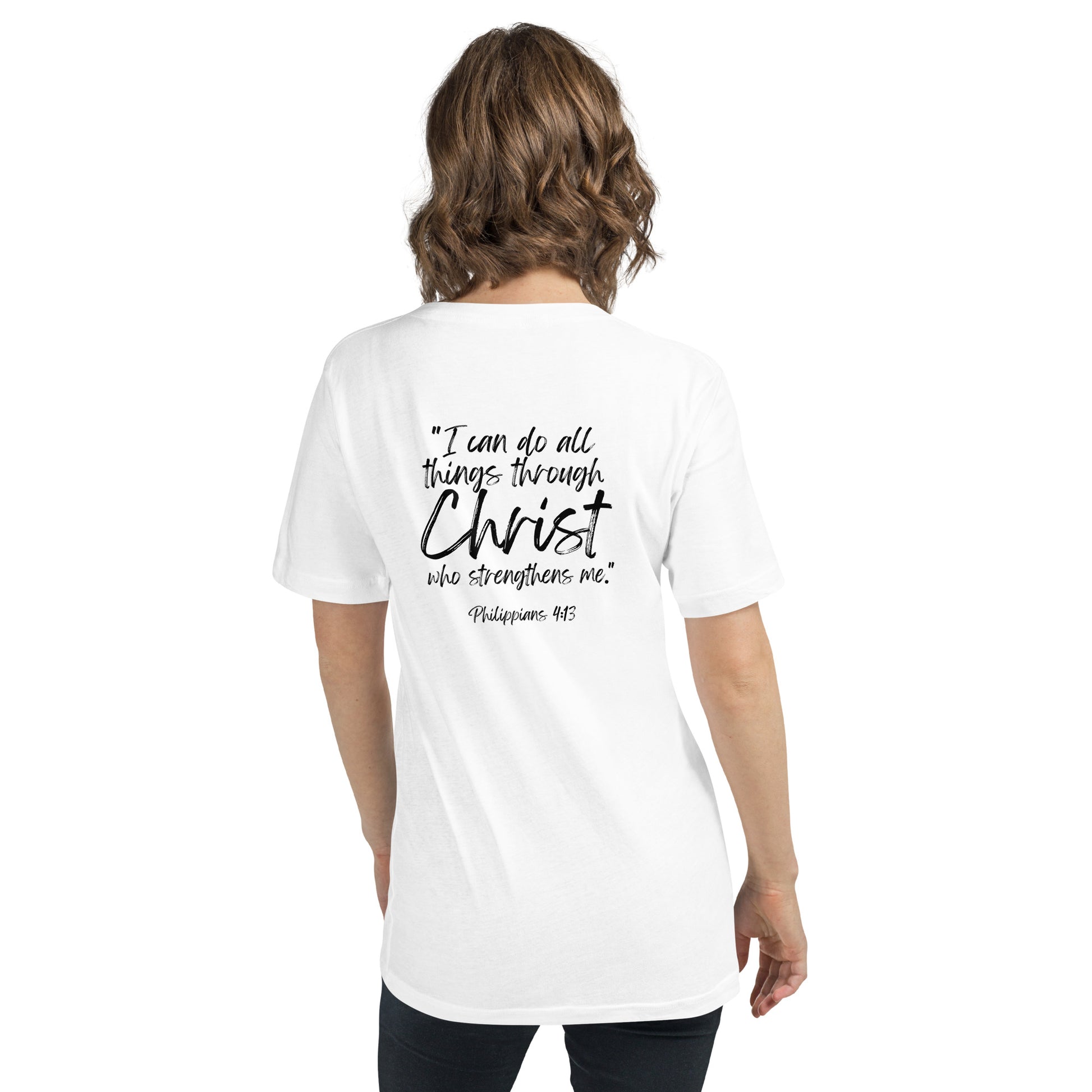 Soft Christian v-neck t-shirt for homeschool moms — Philippians 4:13 scripture design.