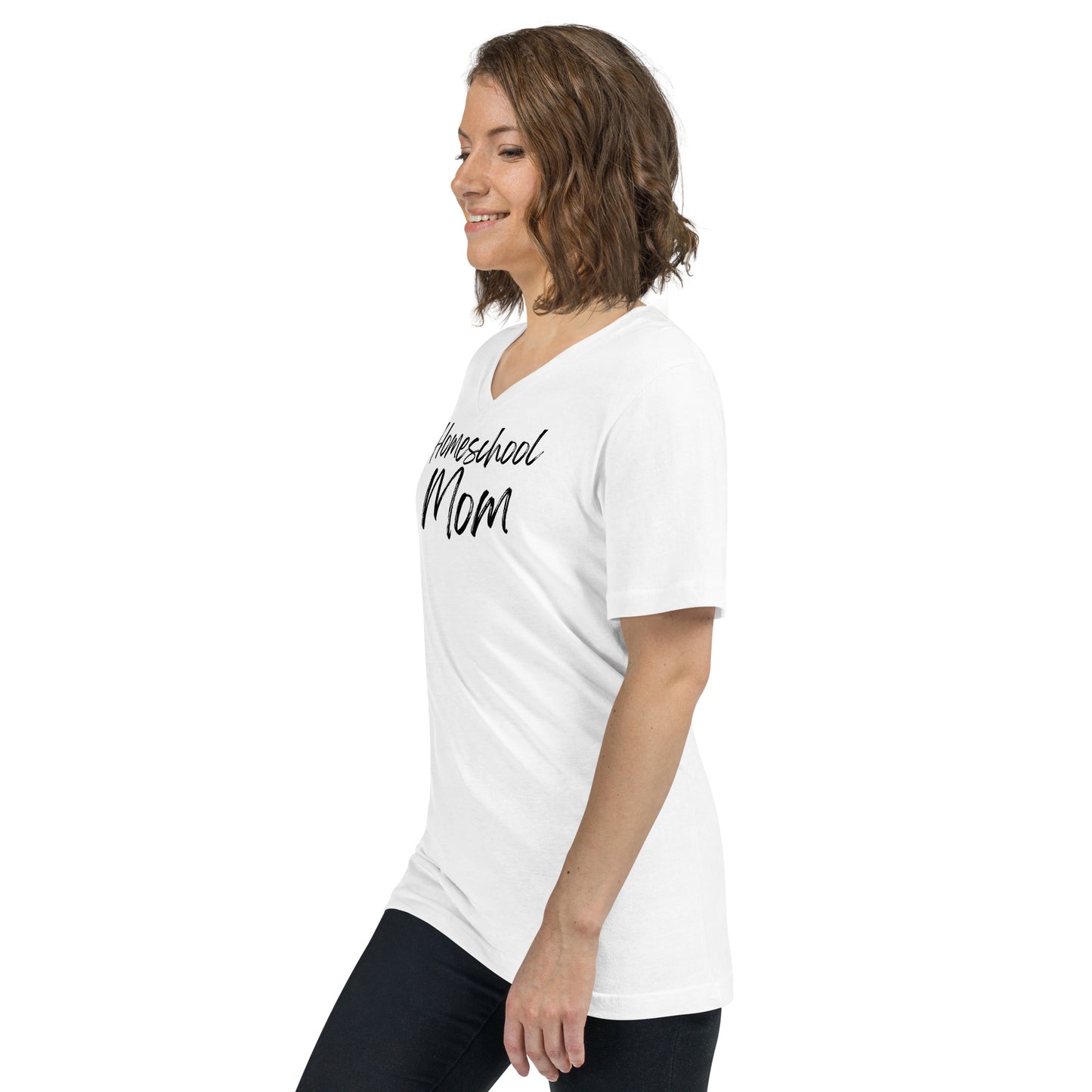 Soft Christian v-neck t-shirt for homeschool moms — Philippians 4:13 scripture design.