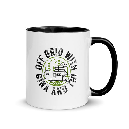 Off-Grid With Gina & Thi logo mug — homesteading lifestyle coffee cup.