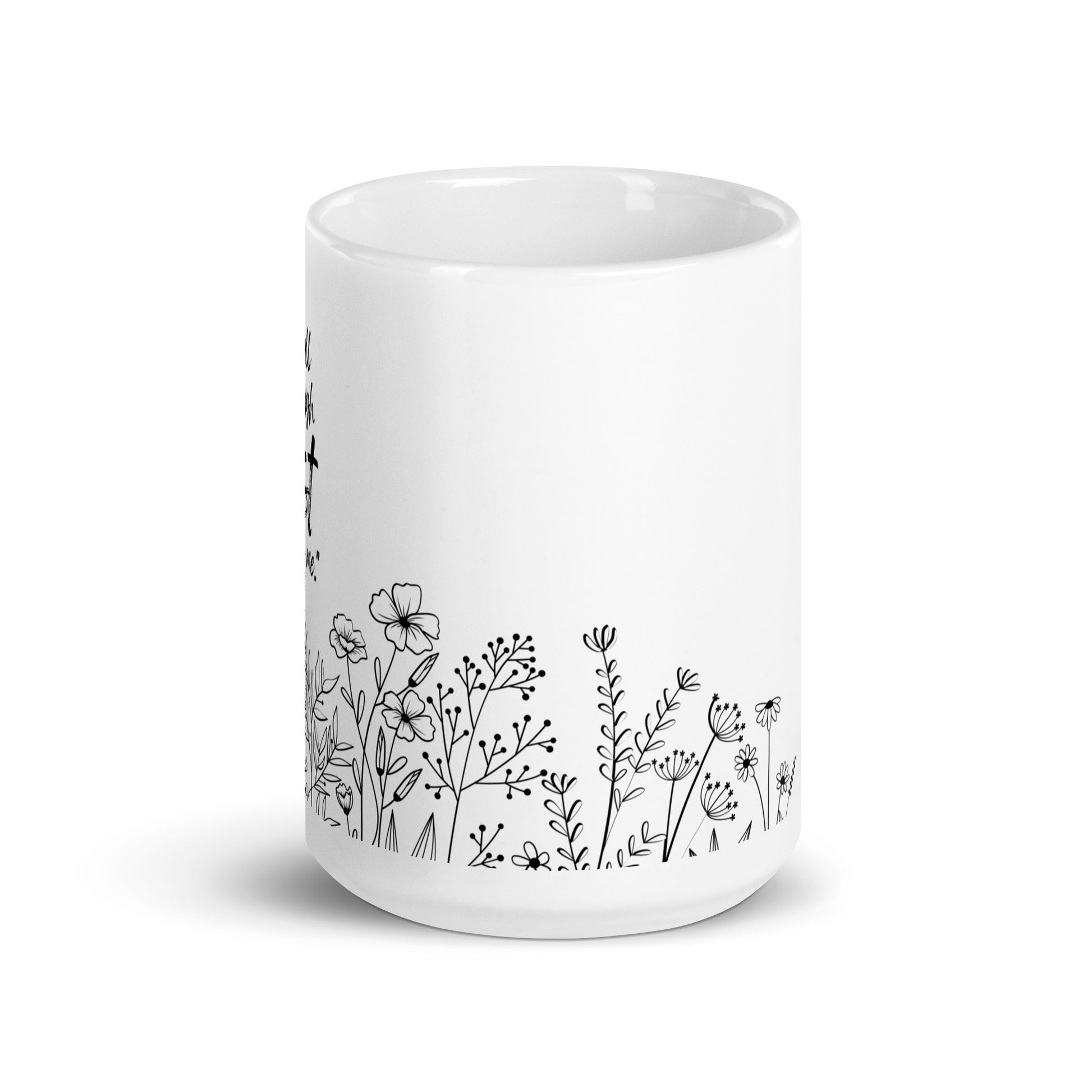 Philippians 4:13 floral Christian mug — scripture coffee cup with Bible verse design.