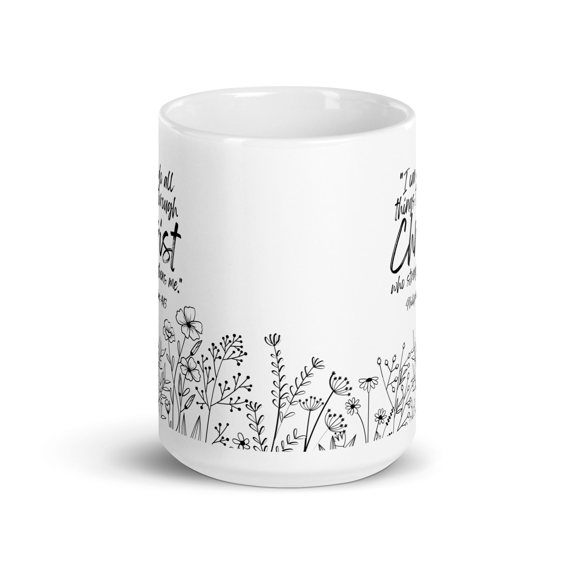 Philippians 4:13 floral Christian mug — scripture coffee cup with Bible verse design.