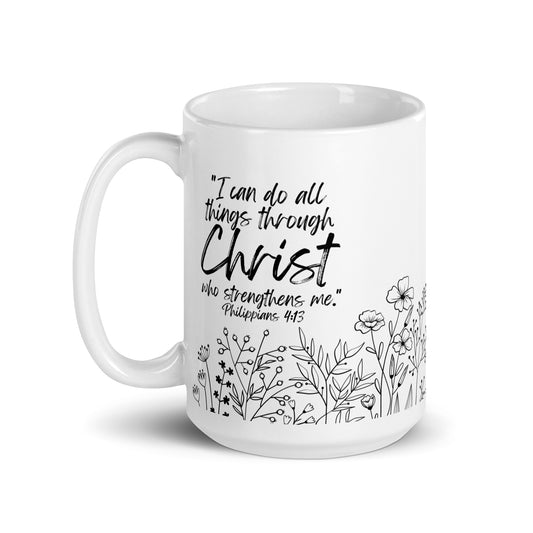 Philippians 4:13 floral Christian mug — scripture coffee cup with Bible verse design.
