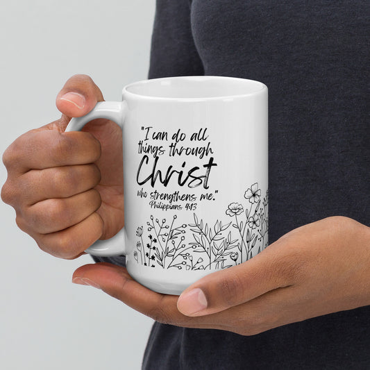 Philippians 4:13 floral Christian mug — scripture coffee cup with Bible verse design.