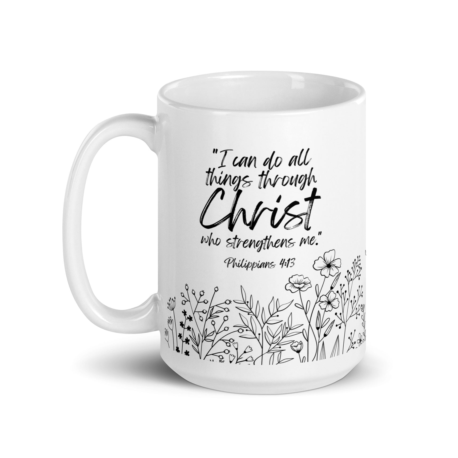 Philippians 4:13 floral Christian mug — scripture coffee cup with Bible verse design.
