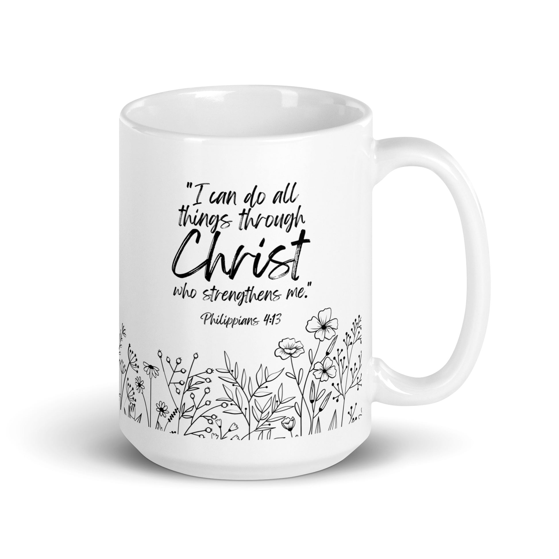 Philippians 4:13 floral Christian mug — scripture coffee cup with Bible verse design.